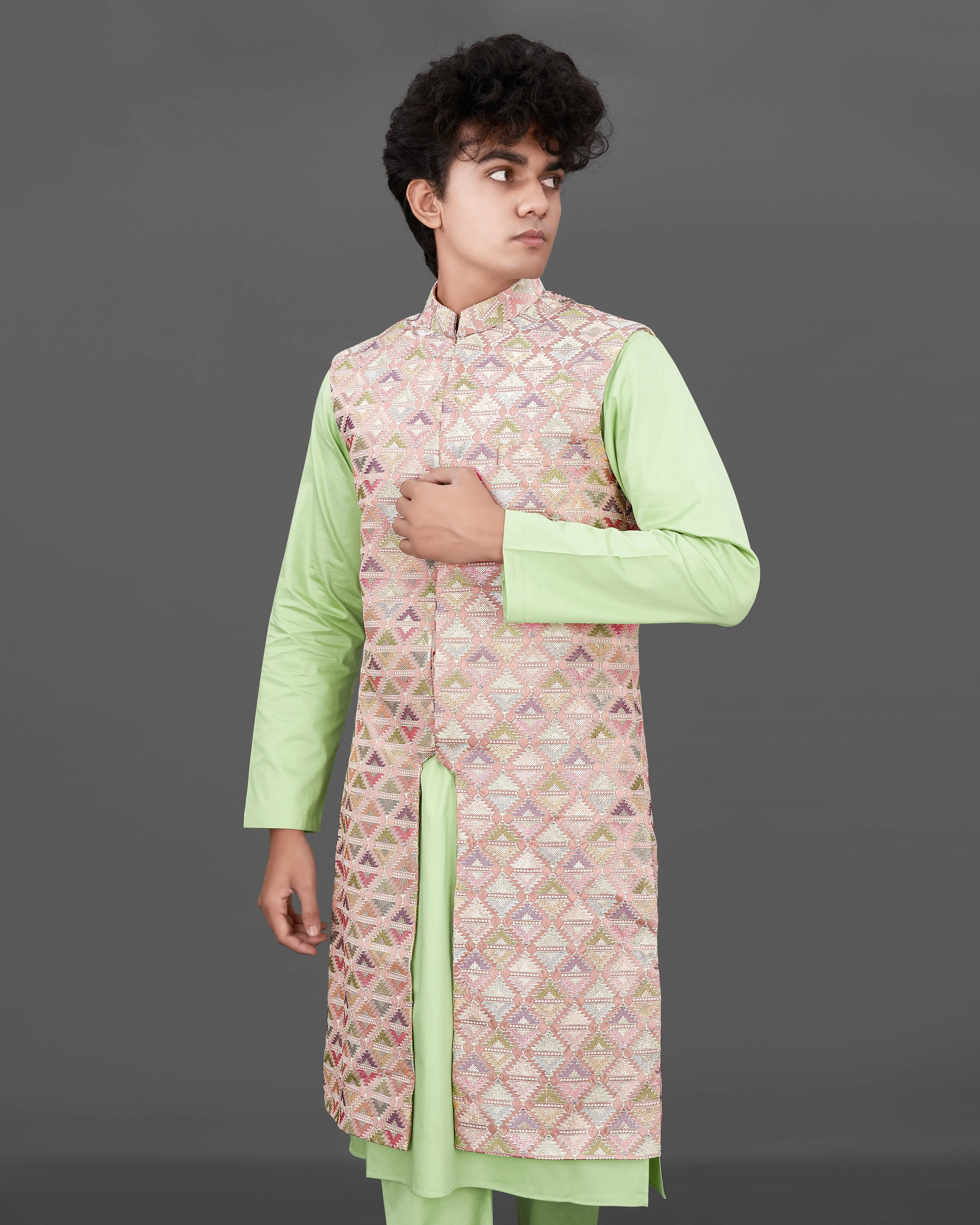 Vanilla Pink with Pixie Green Embroidered Sleeveless Indo-Western with Kurta and Pants Set sold by French Crown product image thumbnail 3