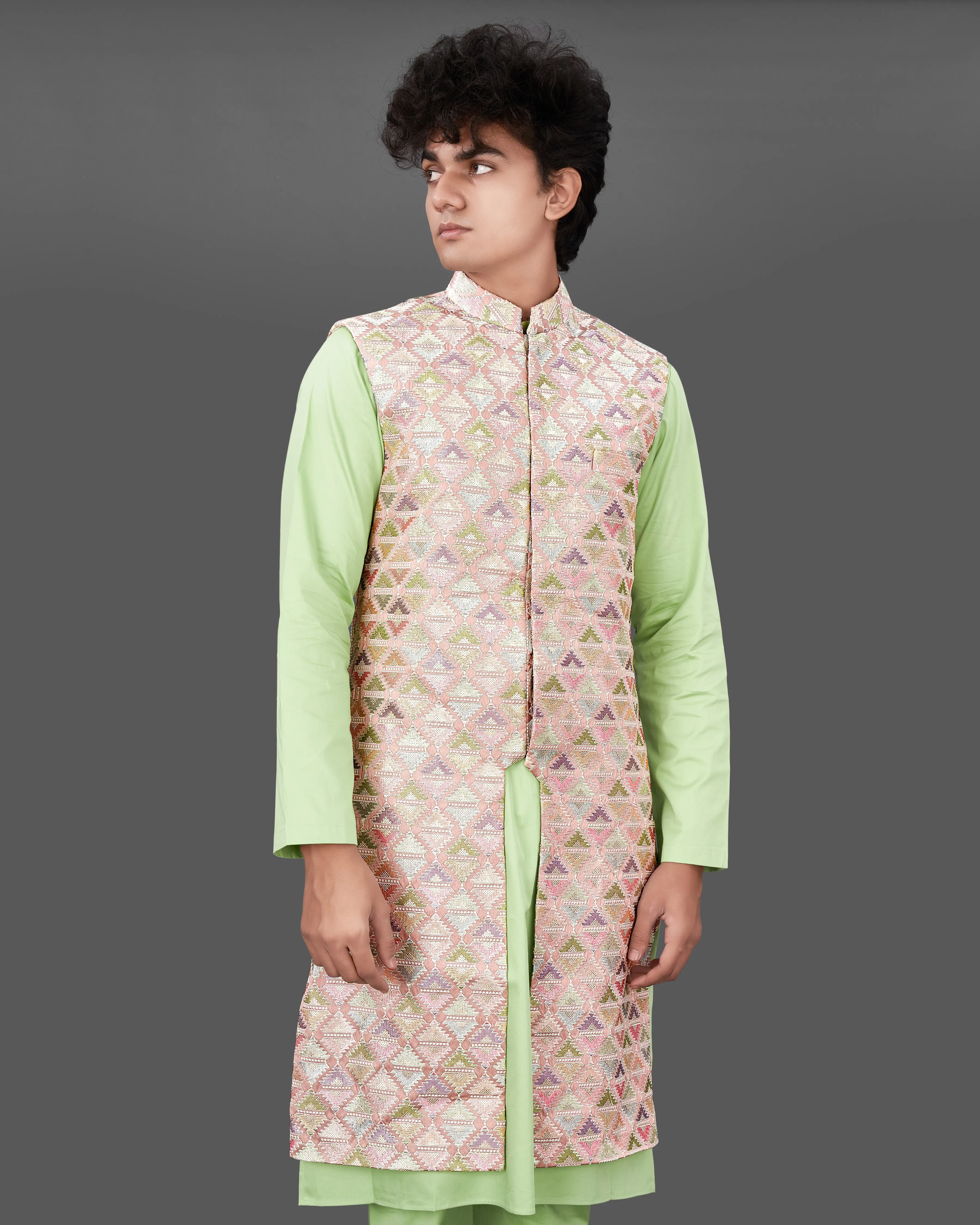 Vanilla Pink with Pixie Green Embroidered Sleeveless Indo-Western with Kurta and Pants Set sold by French Crown