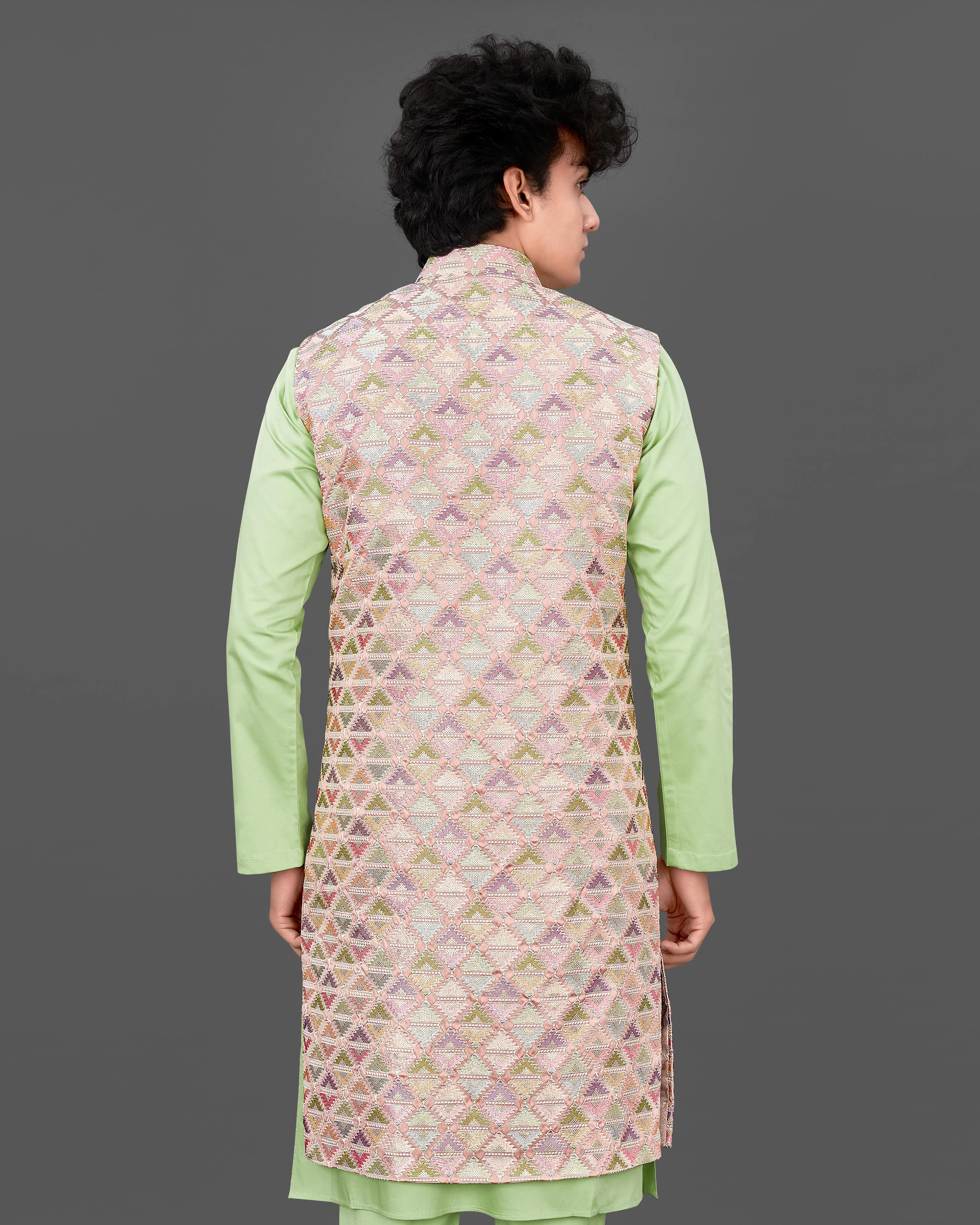 Vanilla Pink with Pixie Green Embroidered Sleeveless Indo-Western with Kurta and Pants Set sold by French Crown product image thumbnail 4