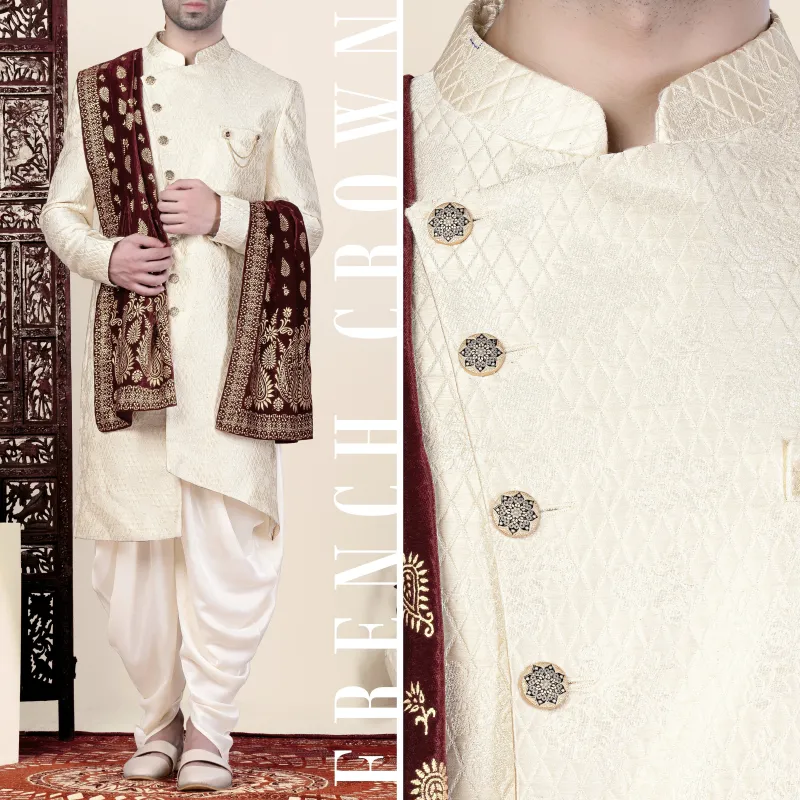 Ebb Cream Trellis Jacquard Weave Indo-Western Sherwani sold by French Crown