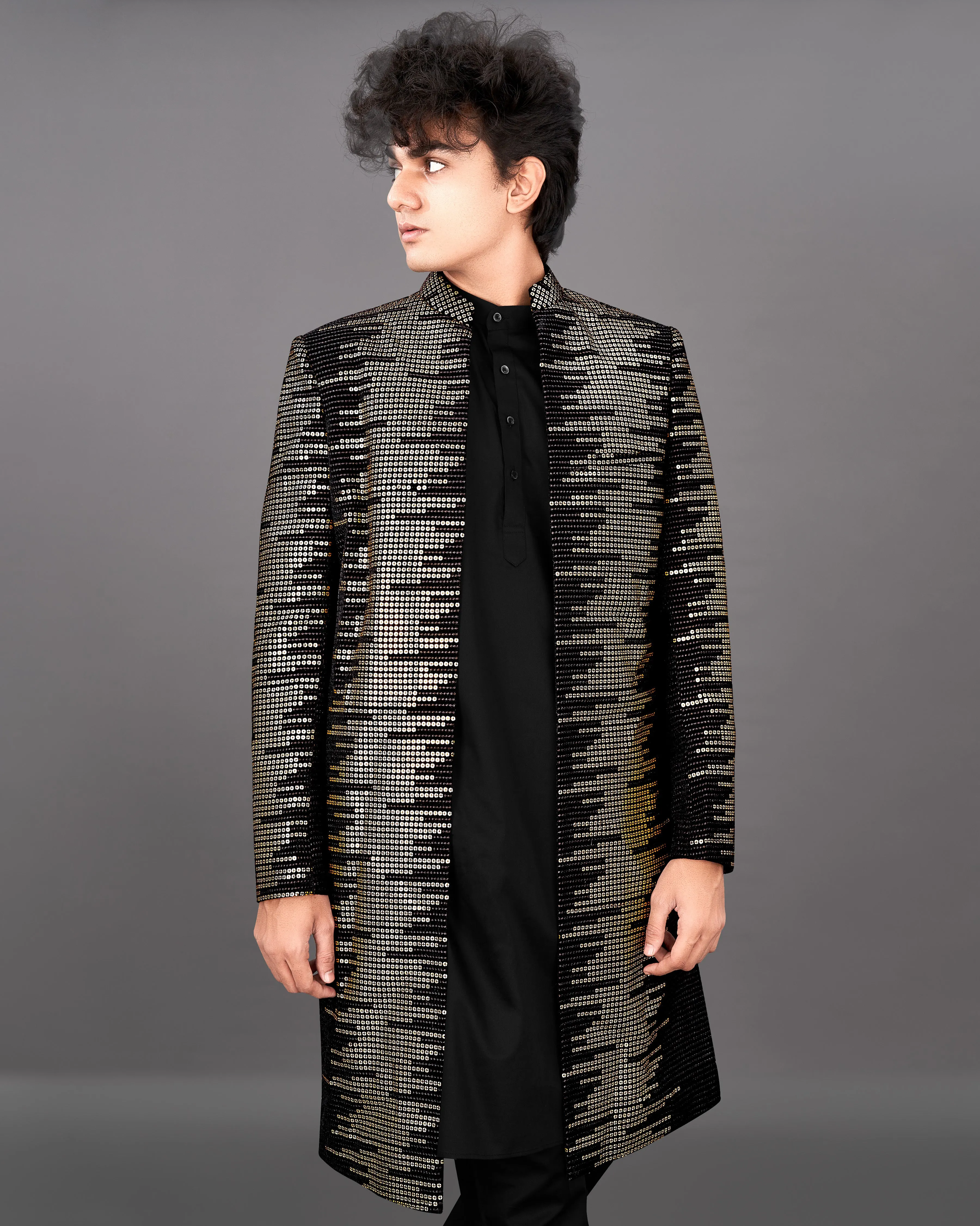 Jade Black and Sequence Embroidered Sherwani with Kurta and Pants Set sold by French Crown product image thumbnail 5