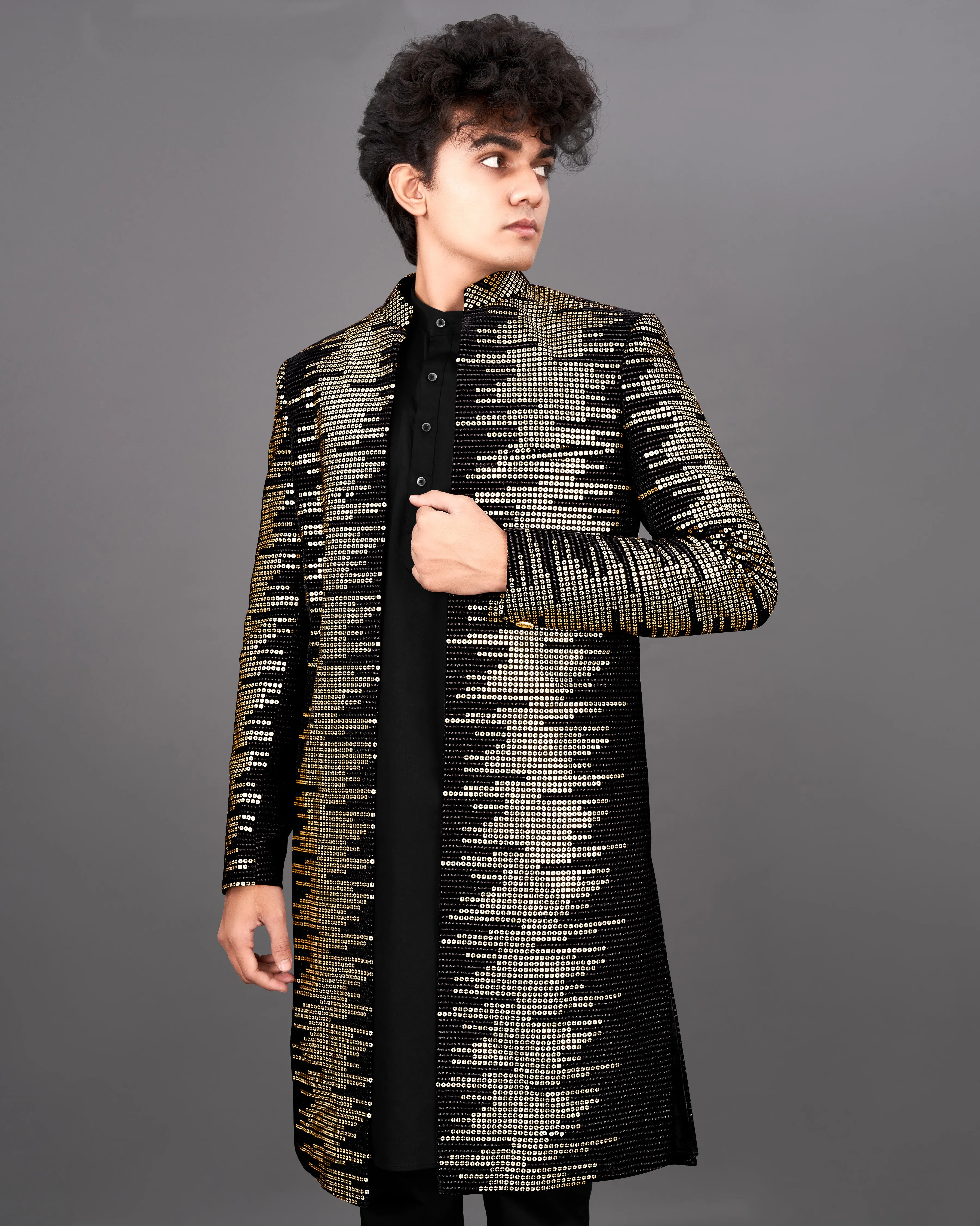 Jade Black and Sequence Embroidered Sherwani with Kurta and Pants Set sold by French Crown product image thumbnail 4