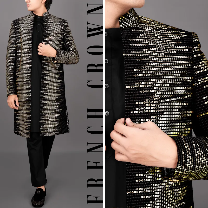 Jade Black and Sequence Embroidered Sherwani with Kurta and Pants Set made by French Crown