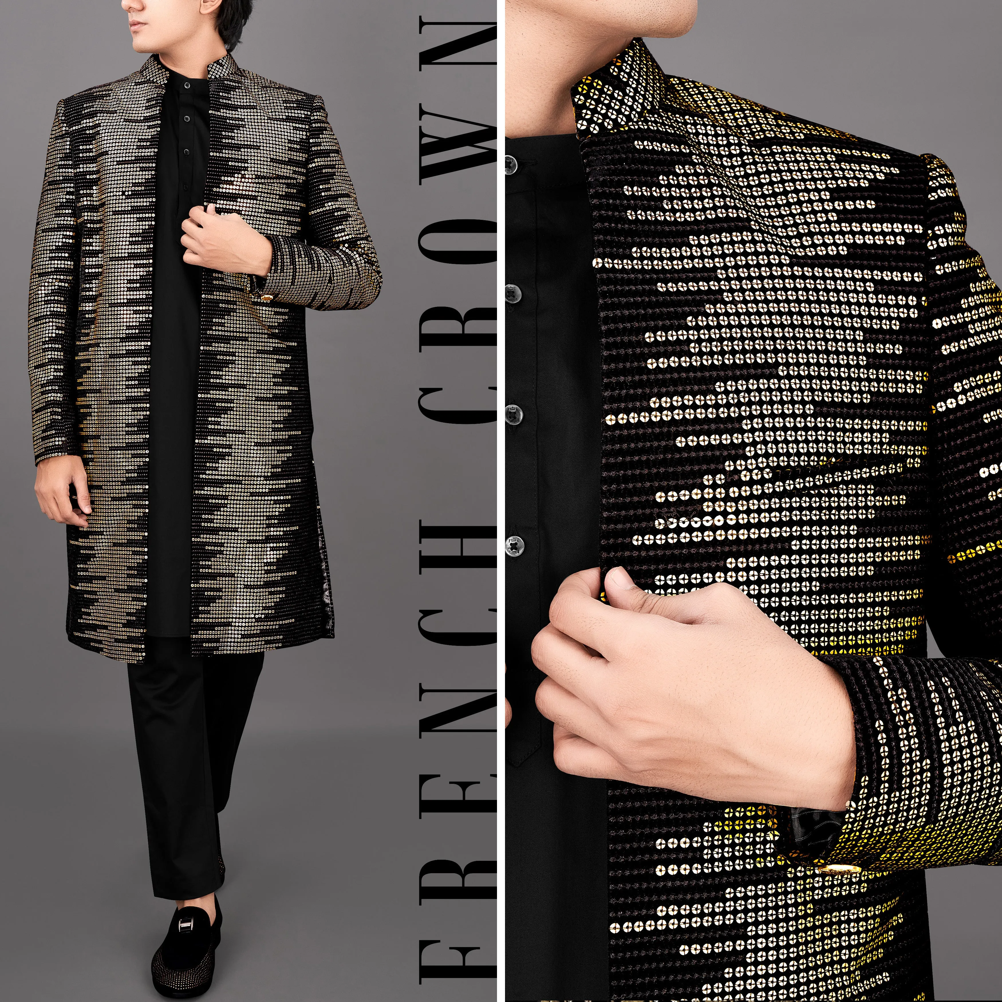 Jade Black and Sequence Embroidered Sherwani with Kurta and Pants Set sold by French Crown