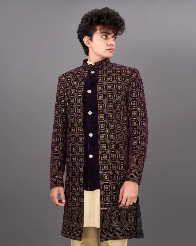 Ebony Maroon with Mocha Brown Heavyweight Embroidered Indo-Western with Kurta and Pants Set sold by French Crown