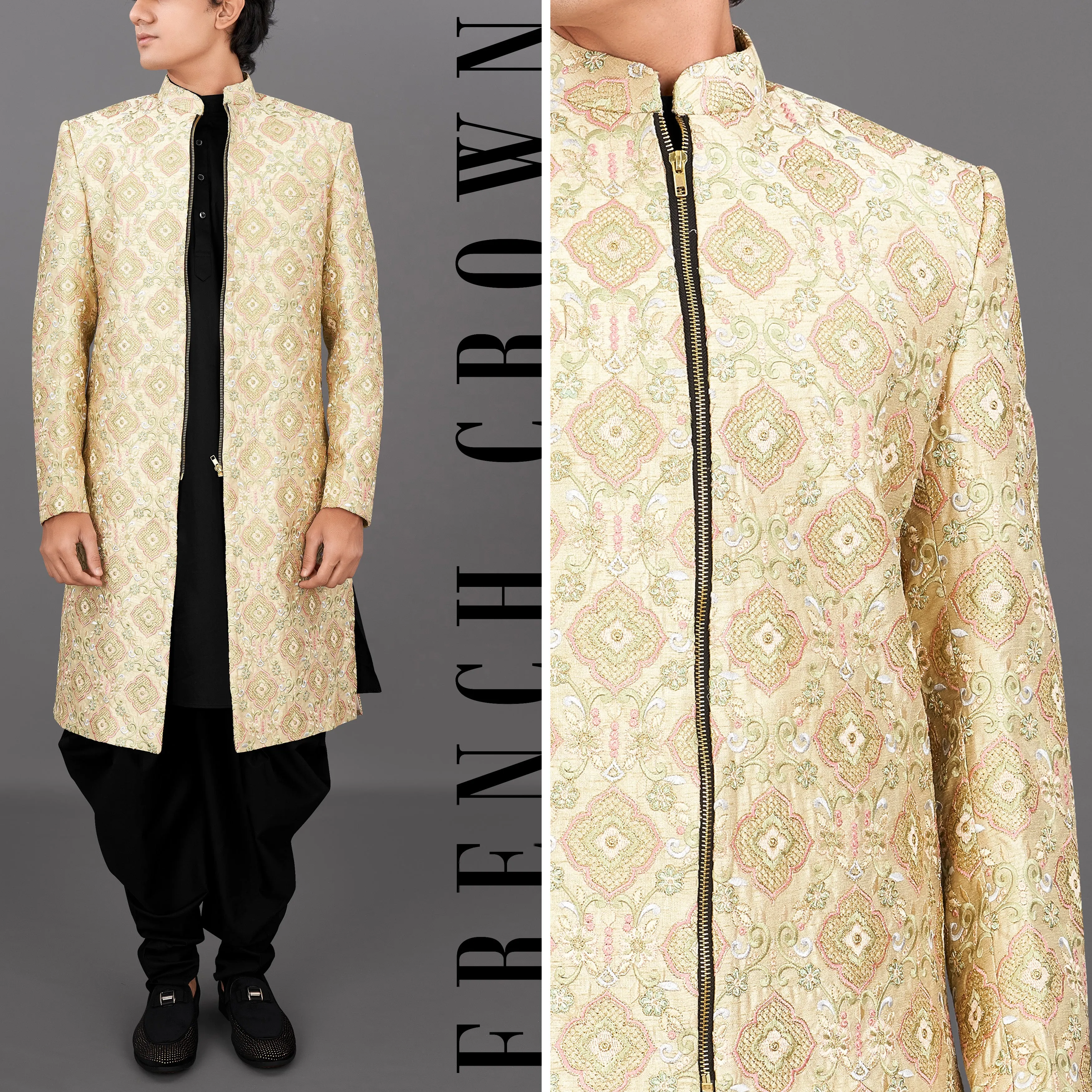 Navajo Brown with Oyster Peach and Sequence Embroidered Sherwani with Kurta and Dhoti Set sold by French Crown