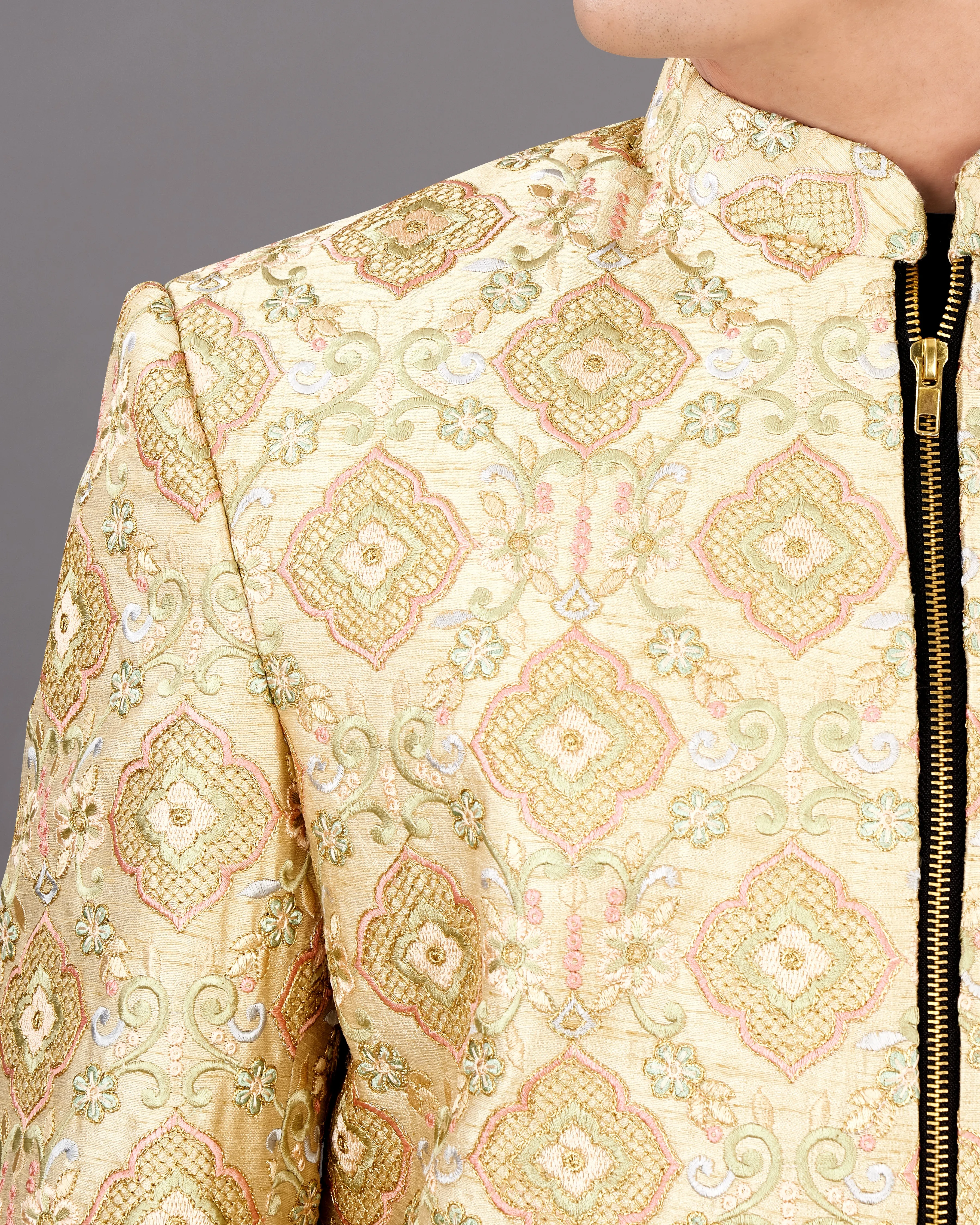 Navajo Brown with Oyster Peach and Sequence Embroidered Sherwani with Kurta and Dhoti Set sold by French Crown product image thumbnail 3