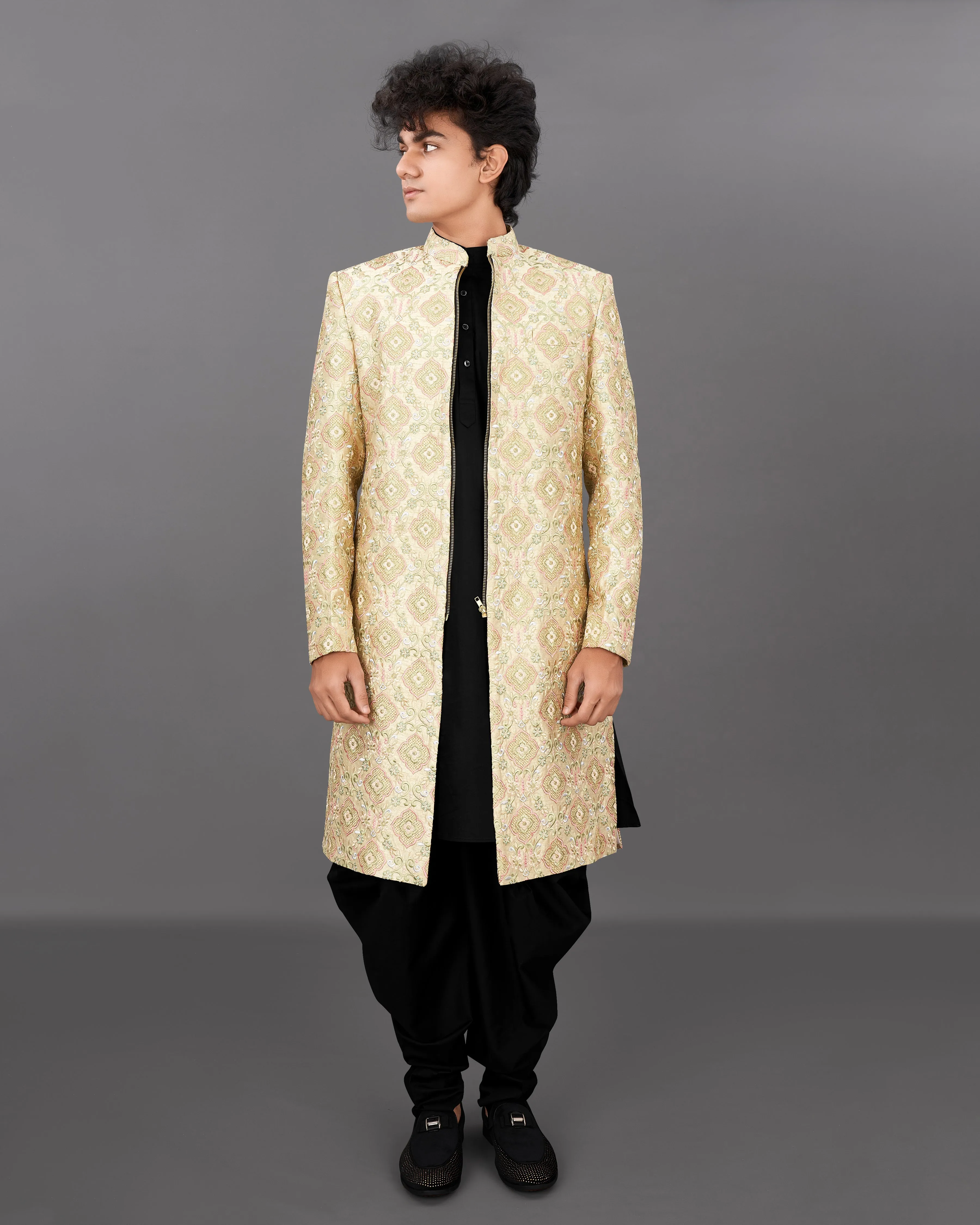 Navajo Brown with Oyster Peach and Sequence Embroidered Sherwani with Kurta and Dhoti Set sold by French Crown product image thumbnail 2