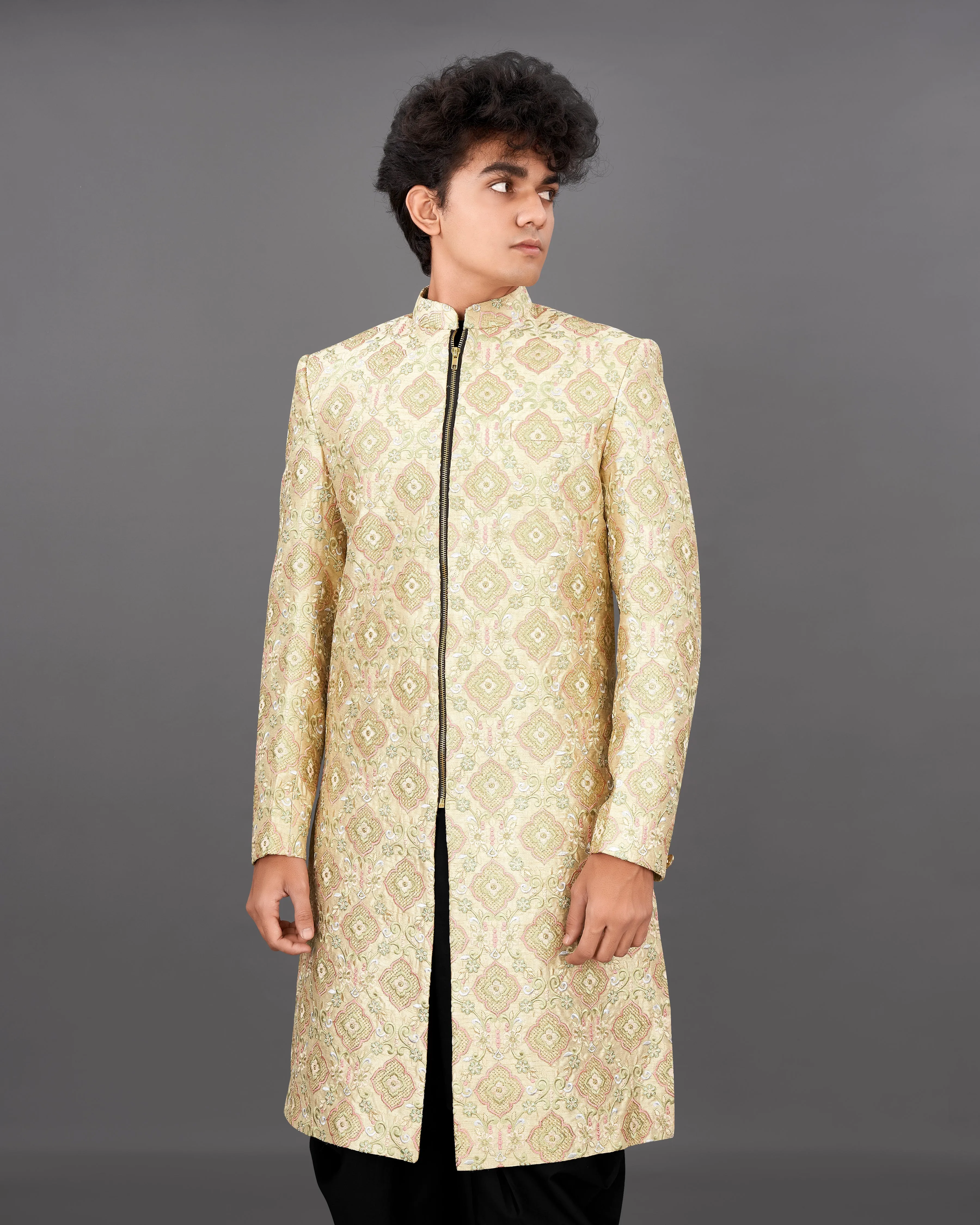 Navajo Brown with Oyster Peach and Sequence Embroidered Sherwani with Kurta and Dhoti Set sold by French Crown product image thumbnail 4