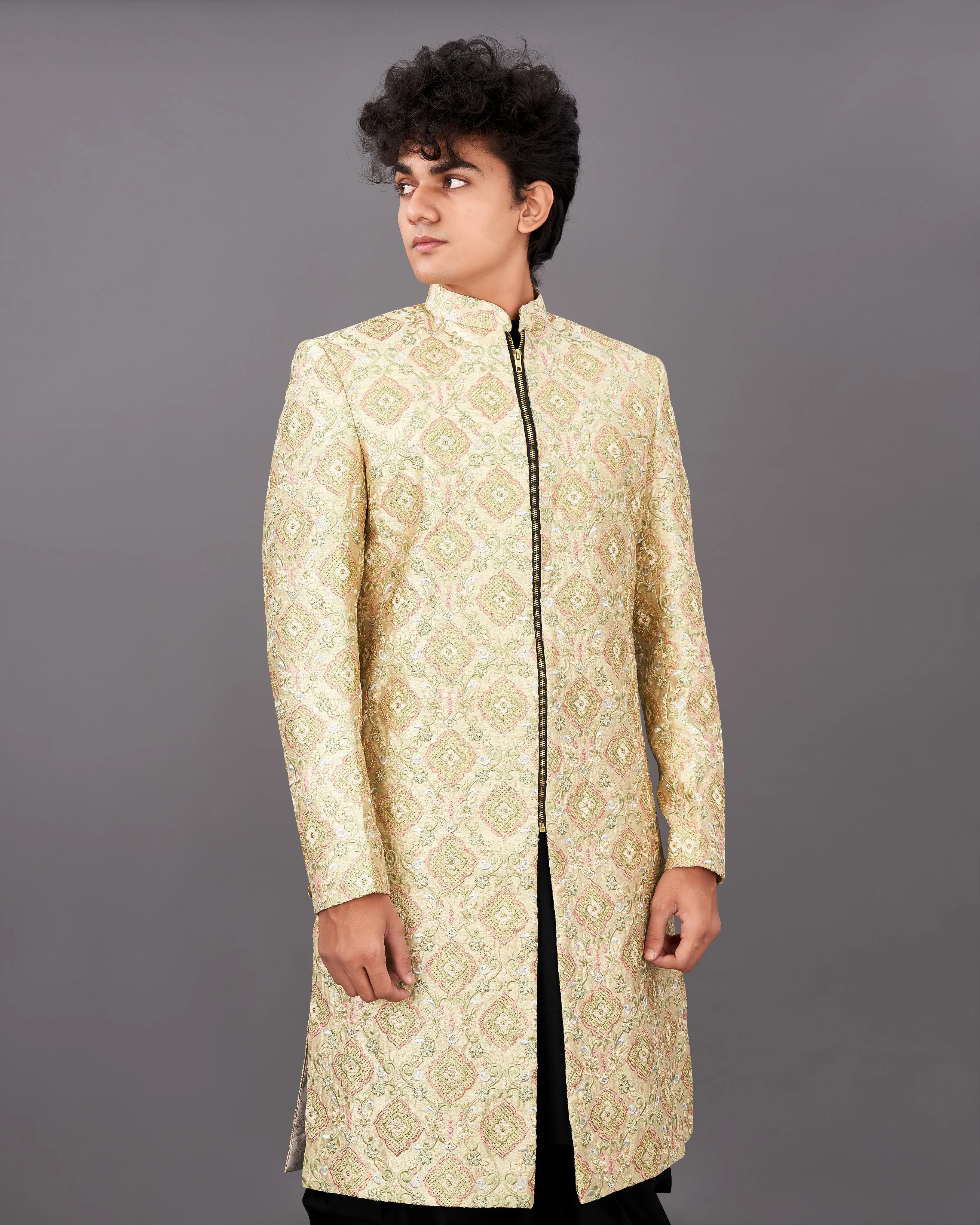 Navajo Brown with Oyster Peach and Sequence Embroidered Sherwani with Kurta and Dhoti Set sold by French Crown product image thumbnail 5