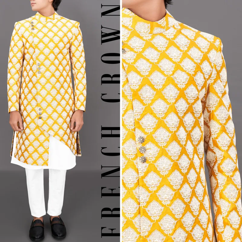 Squash Yellow and White and Sequence Embroidered Sherwani with Kurta and Pants Set sold by French Crown