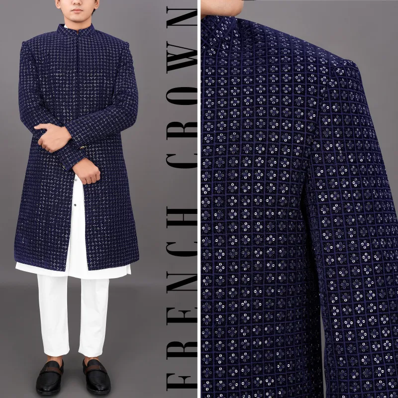 Haiti Blue Embroidered Sherwani with Kurta and Pants Set sold by French Crown