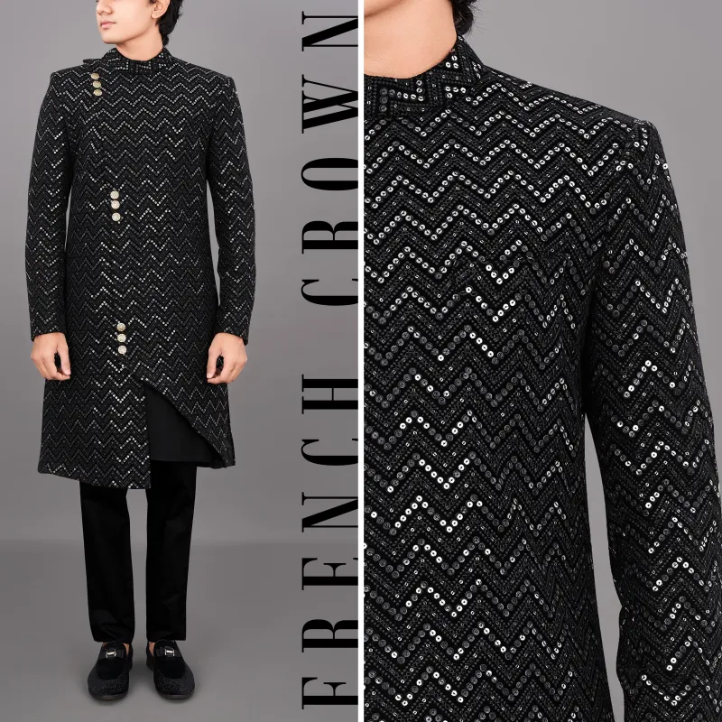 Jade Black and Sequence Embroidered Sherwani with Kurta and Pants Set sold by French Crown