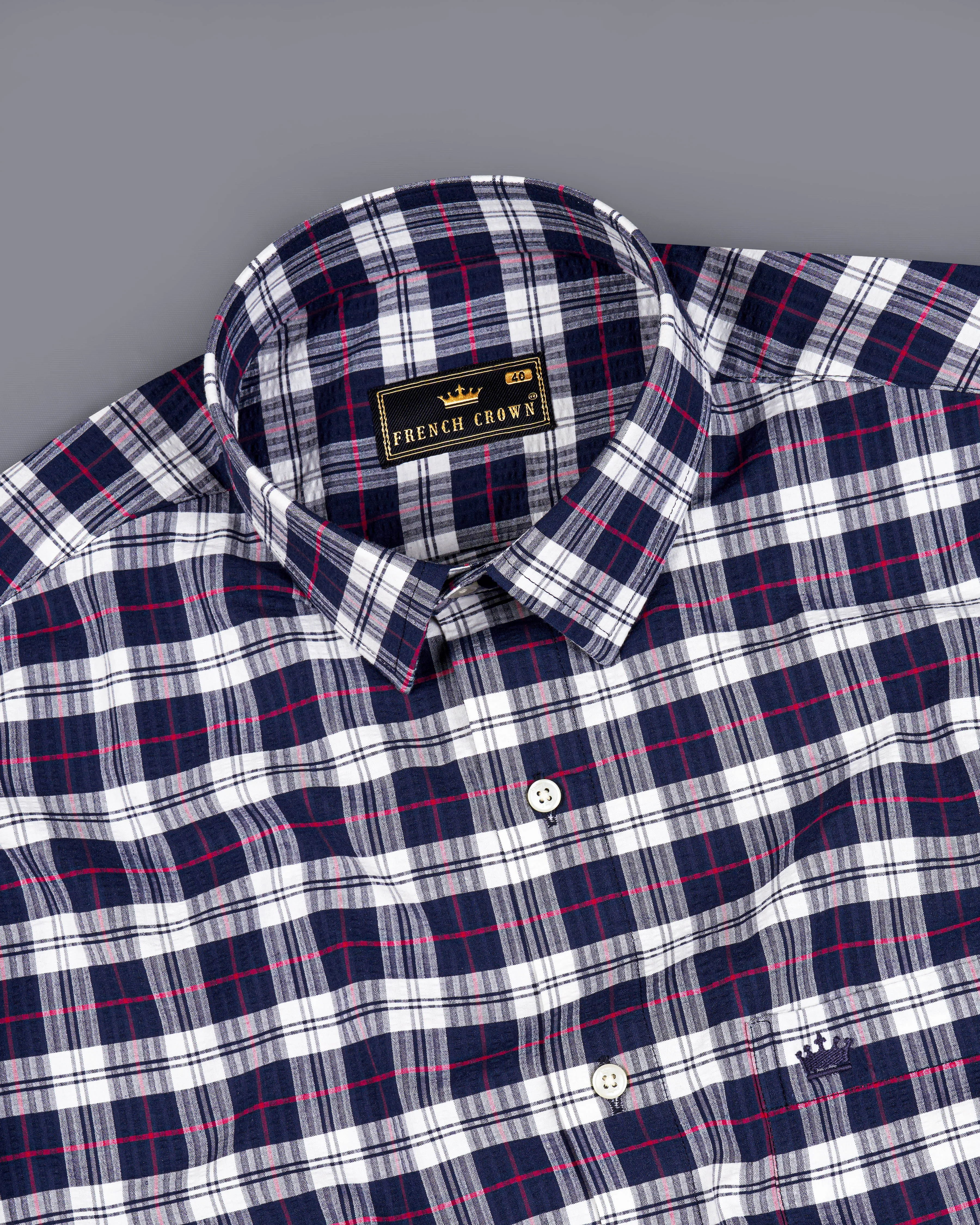 Bright White with Mirage Blue Checkered Seersucker Premium Cotton Shirt sold by French Crown product image thumbnail 4