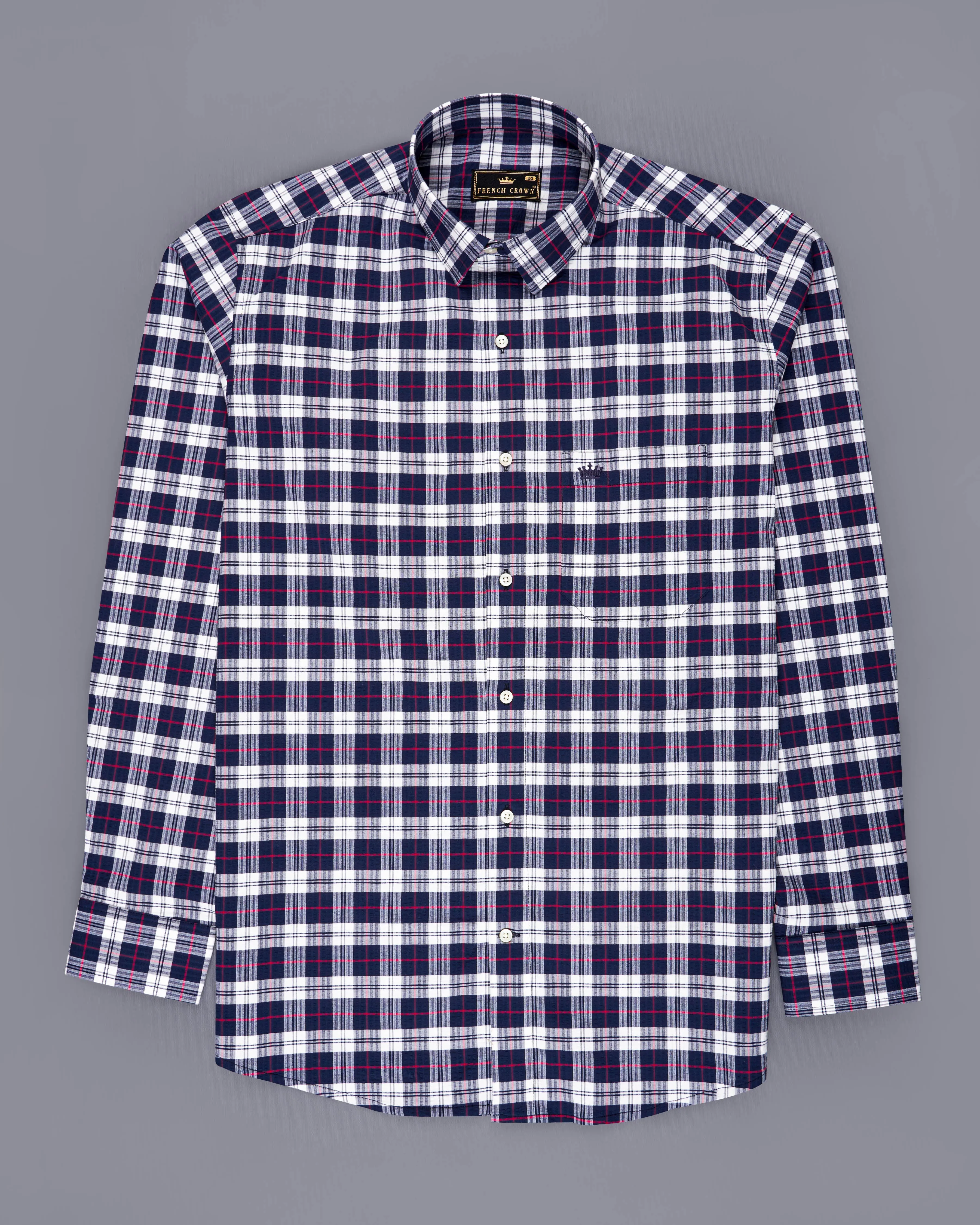 Bright White with Mirage Blue Checkered Seersucker Premium Cotton Shirt sold by French Crown product image thumbnail 5