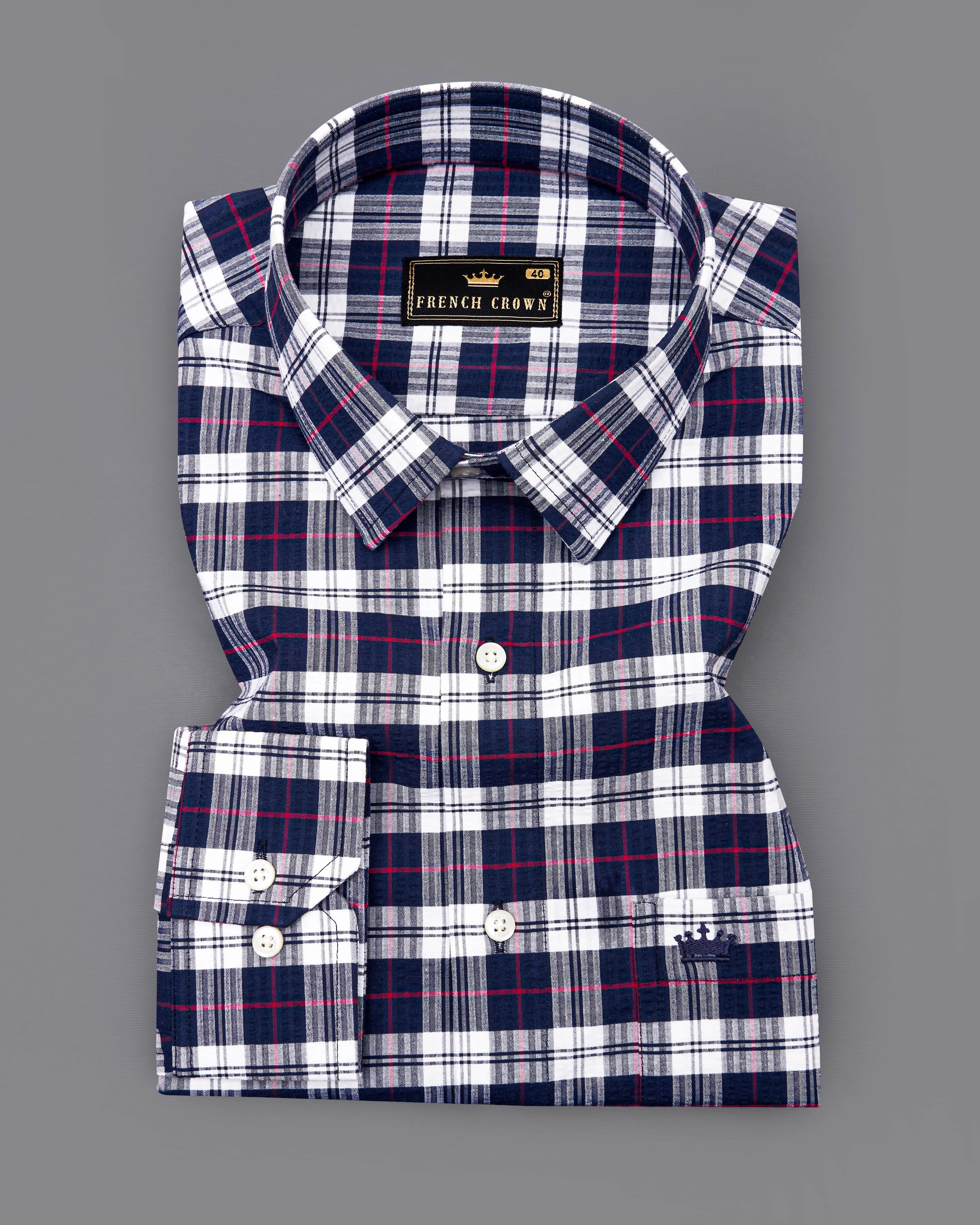 Bright White with Mirage Blue Checkered Seersucker Premium Cotton Shirt sold by French Crown product image thumbnail 3