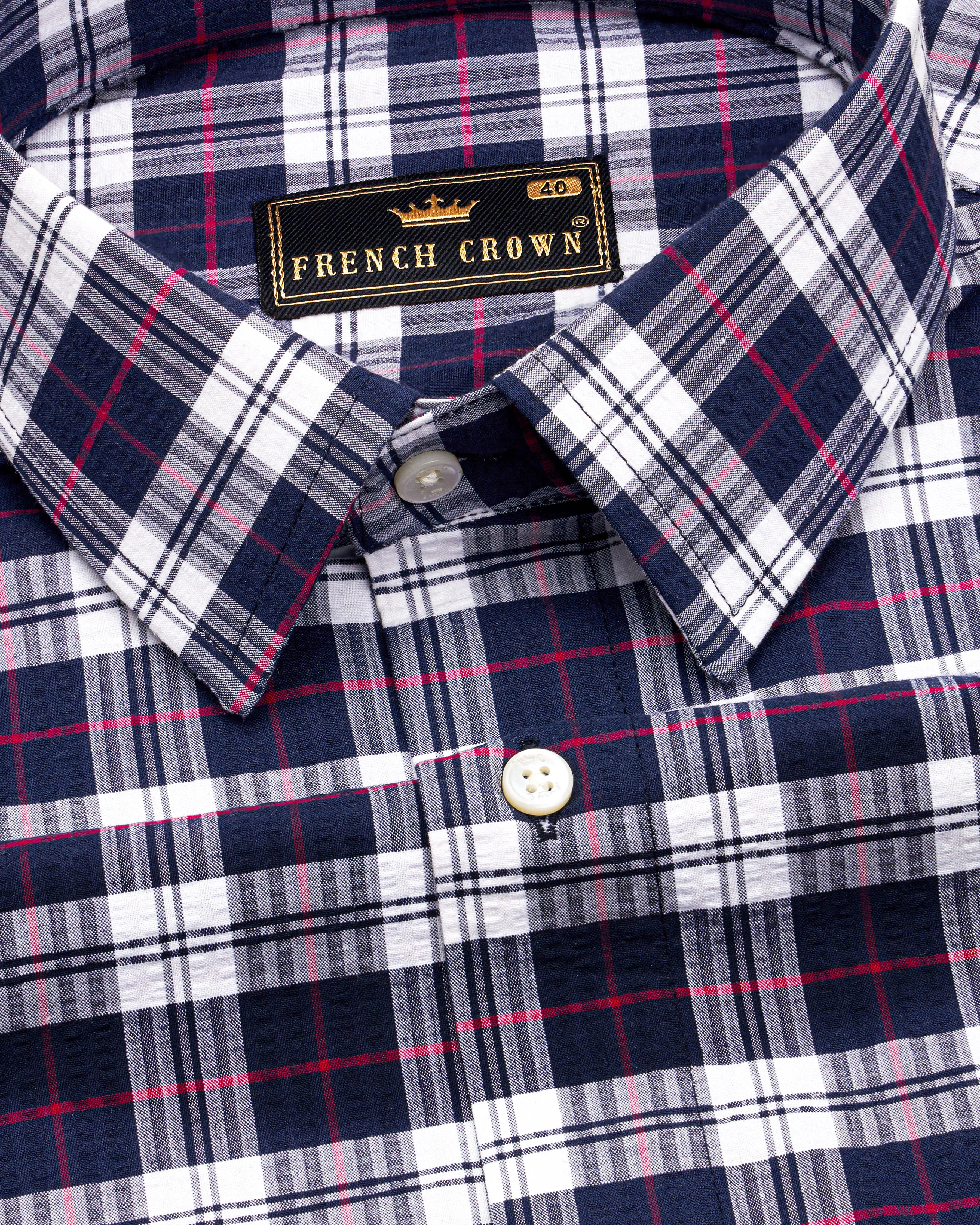 Bright White with Mirage Blue Checkered Seersucker Premium Cotton Shirt sold by French Crown