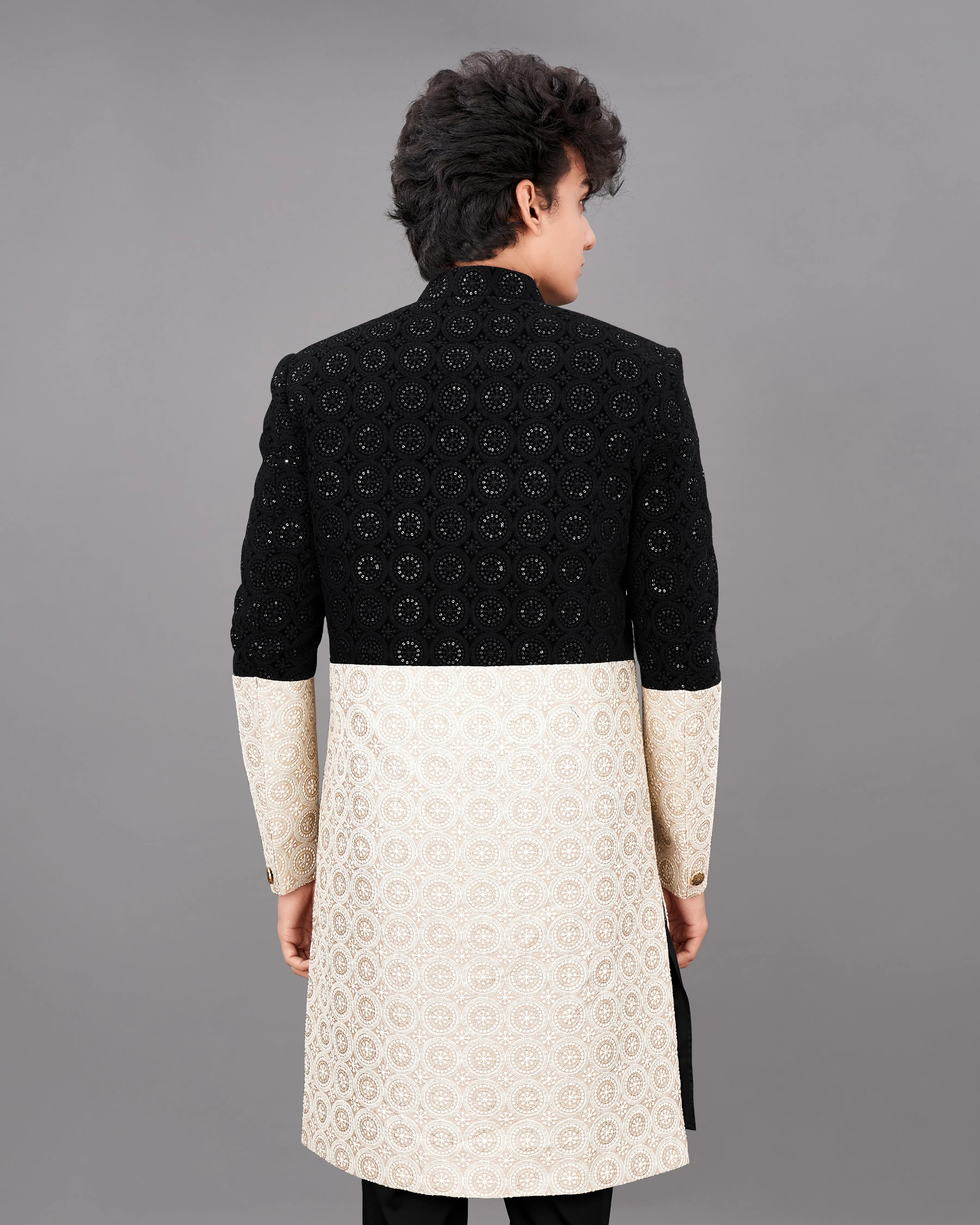 Jade Black with Eggshell Cream and Sequence Embroidered Indo-Western with Kurta and Pants Set sold by French Crown product image thumbnail 4