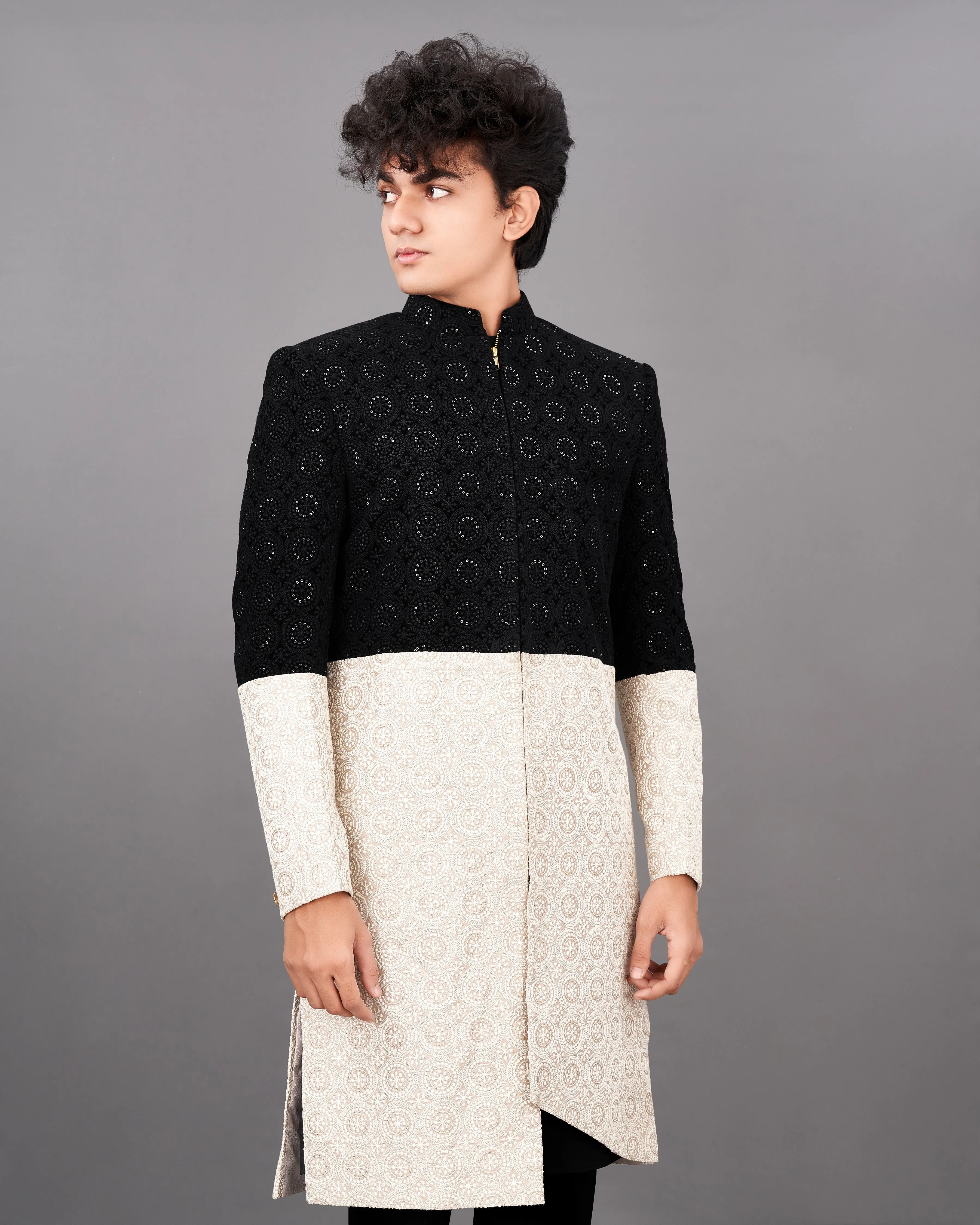 Jade Black with Eggshell Cream and Sequence Embroidered Indo-Western with Kurta and Pants Set sold by French Crown product image thumbnail 3