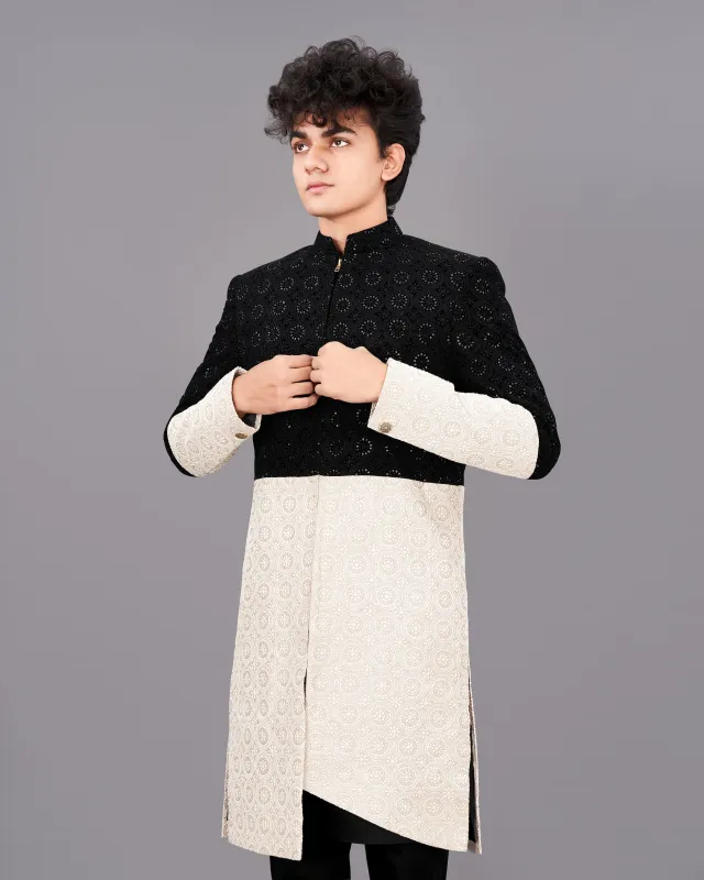 Jade Black with Eggshell Cream and Sequence Embroidered Indo-Western with Kurta and Pants Set sold by French Crown