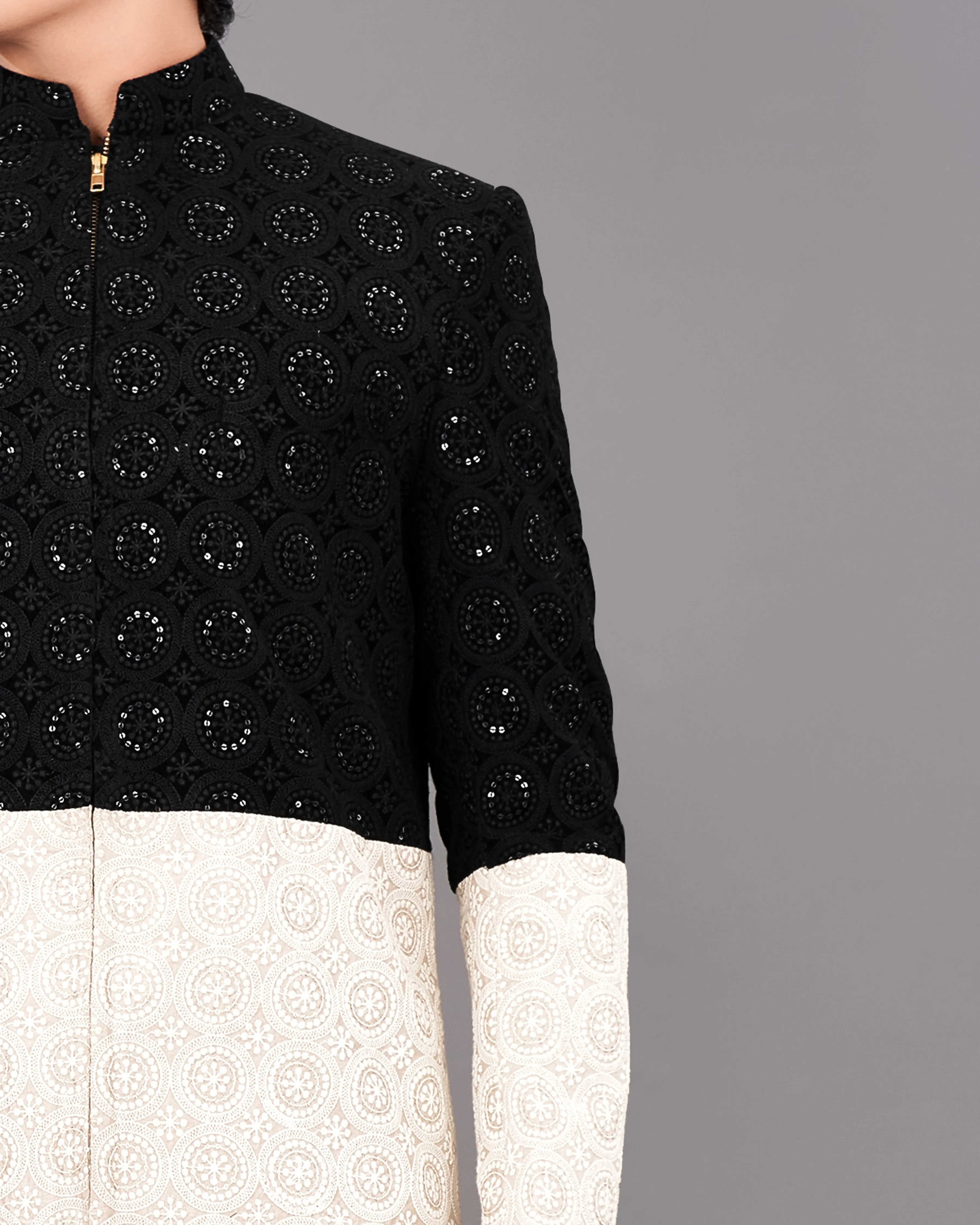 Jade Black with Eggshell Cream and Sequence Embroidered Indo-Western with Kurta and Pants Set sold by French Crown product image thumbnail 2