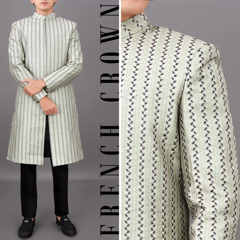 Bone Green With Embroidered Sherwani with Black Kurta and Pants Set sold by French Crown