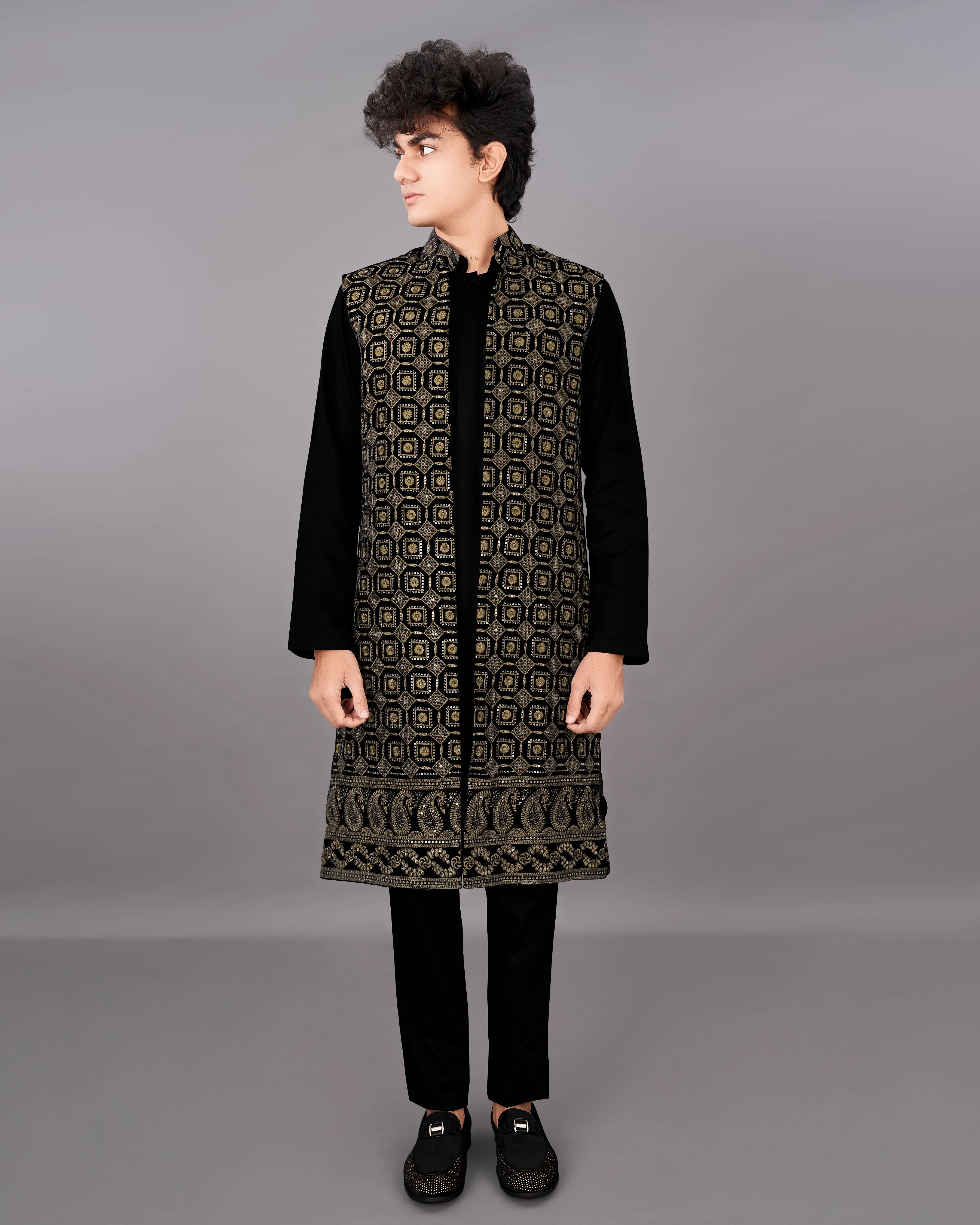 Jade Black with Moccasin Brown Sleeveless Embroidered Indo-Western with Kurta and Pants Set sold by French Crown product image thumbnail 2