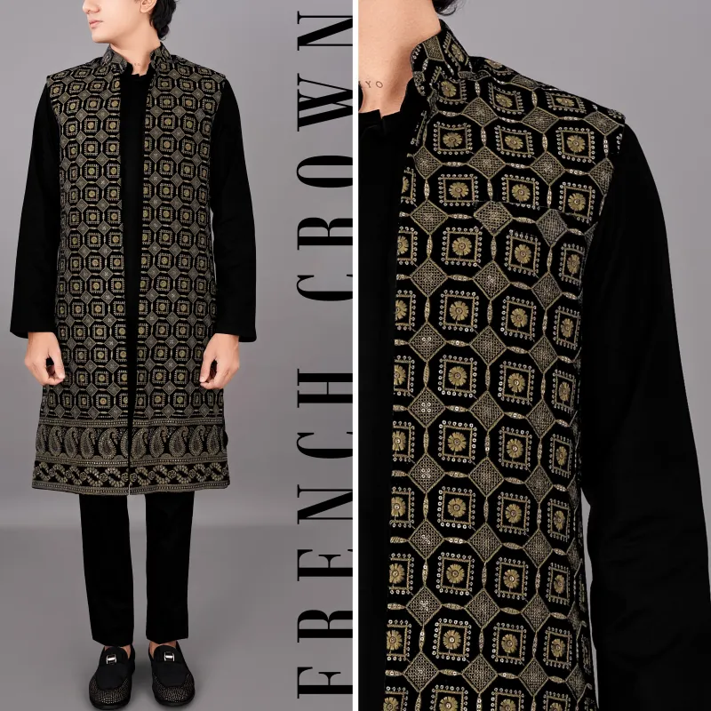 Jade Black with Moccasin Brown Sleeveless Embroidered Indo-Western with Kurta and Pants Set sold by French Crown