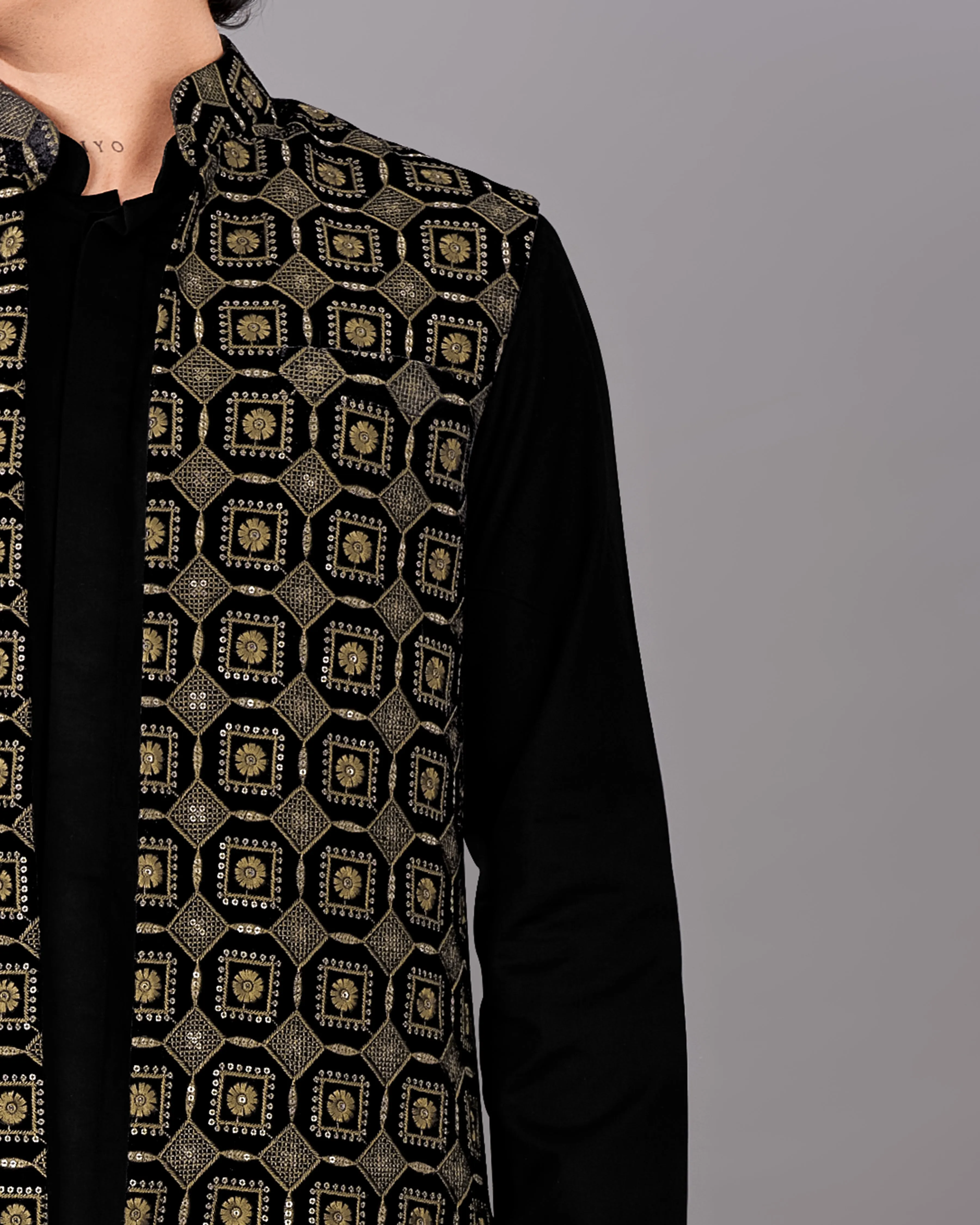 Jade Black with Moccasin Brown Sleeveless Embroidered Indo-Western with Kurta and Pants Set sold by French Crown product image thumbnail 3