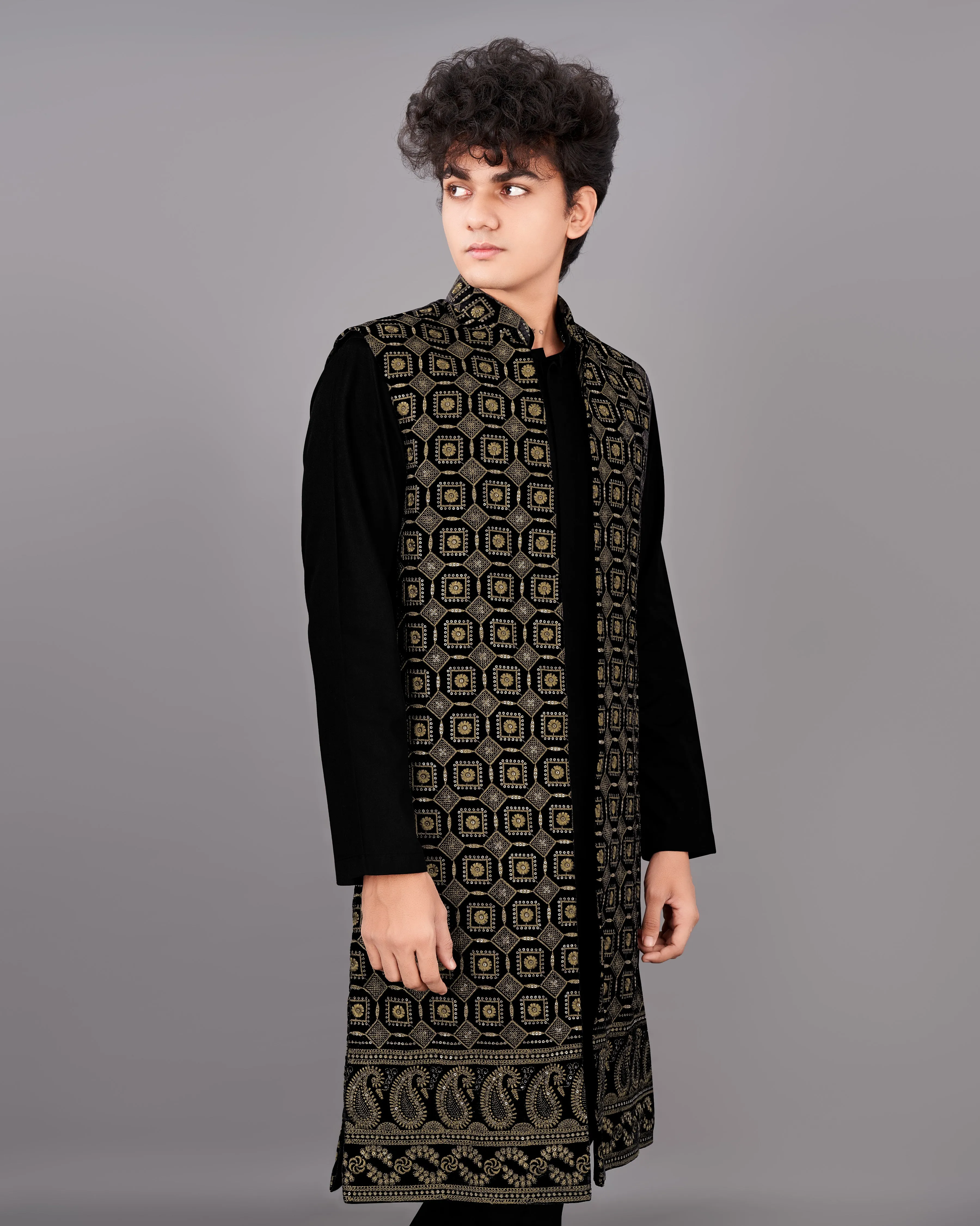 Jade Black with Moccasin Brown Sleeveless Embroidered Indo-Western with Kurta and Pants Set sold by French Crown product image thumbnail 4