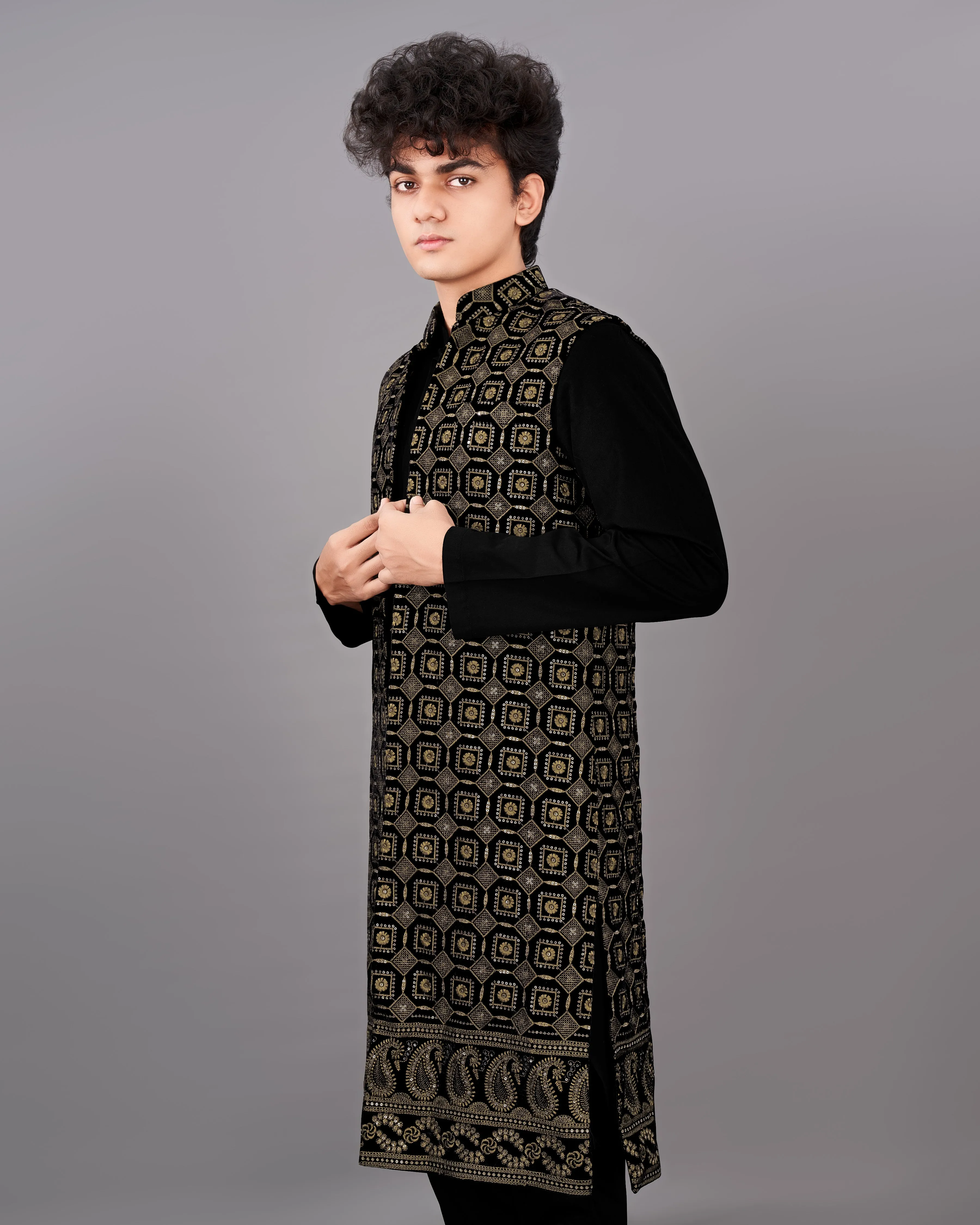 Jade Black with Moccasin Brown Sleeveless Embroidered Indo-Western with Kurta and Pants Set sold by French Crown product image thumbnail 5