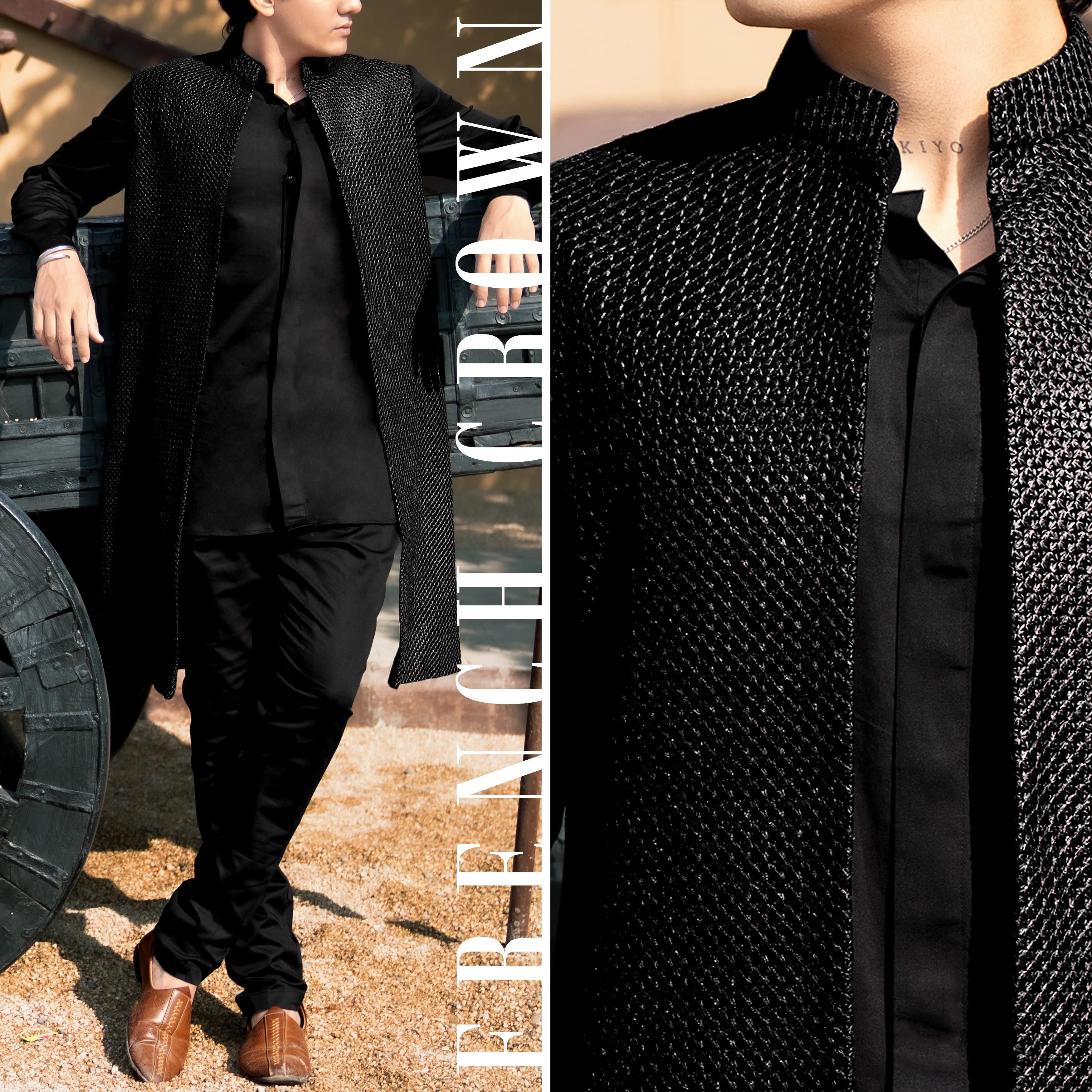 Jade Black with Textured Indo-western Set with Kurta Shirt and Pant sold by French Crown