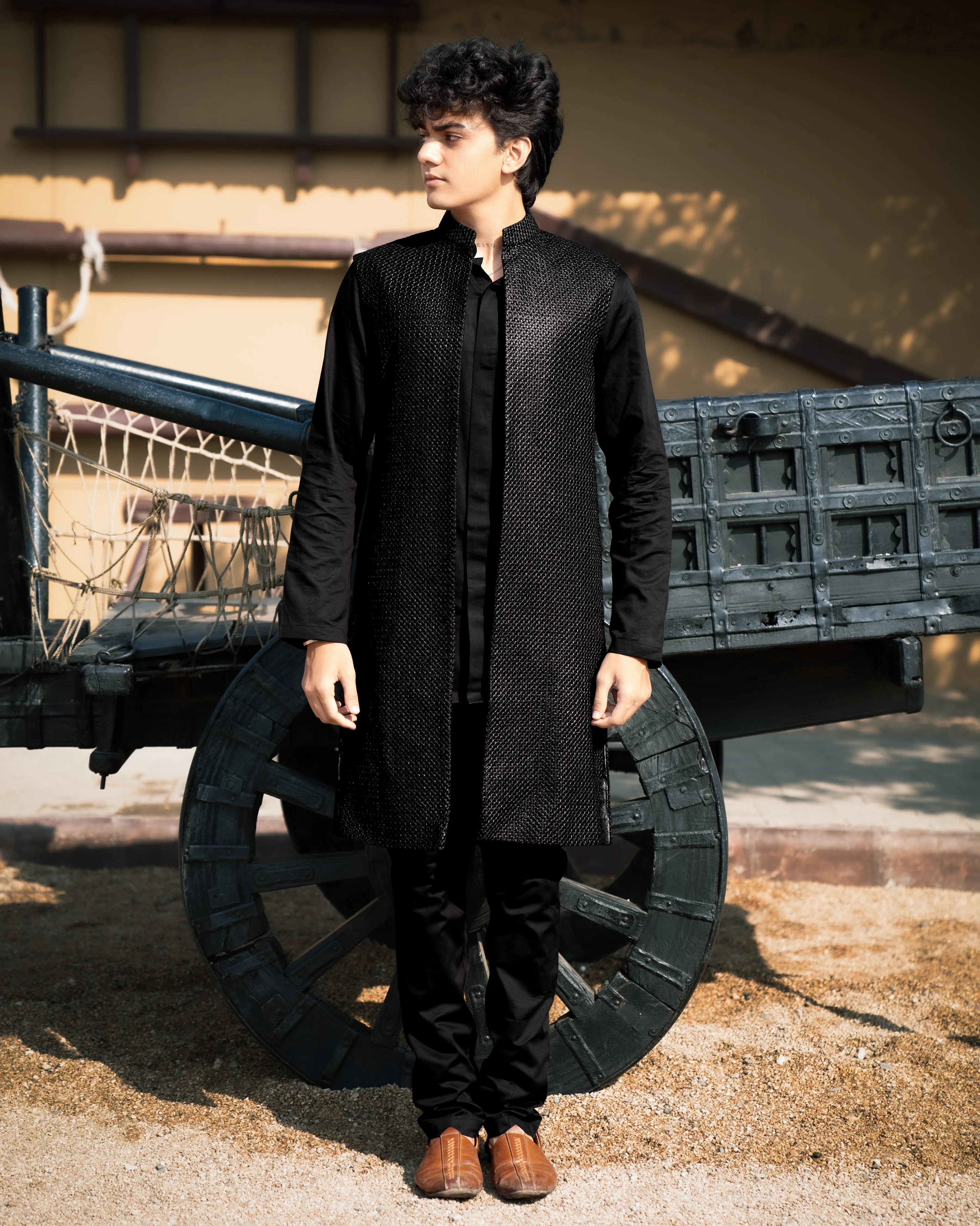 Jade Black with Textured Indo-western Set with Kurta Shirt and Pant sold by French Crown product image thumbnail 5