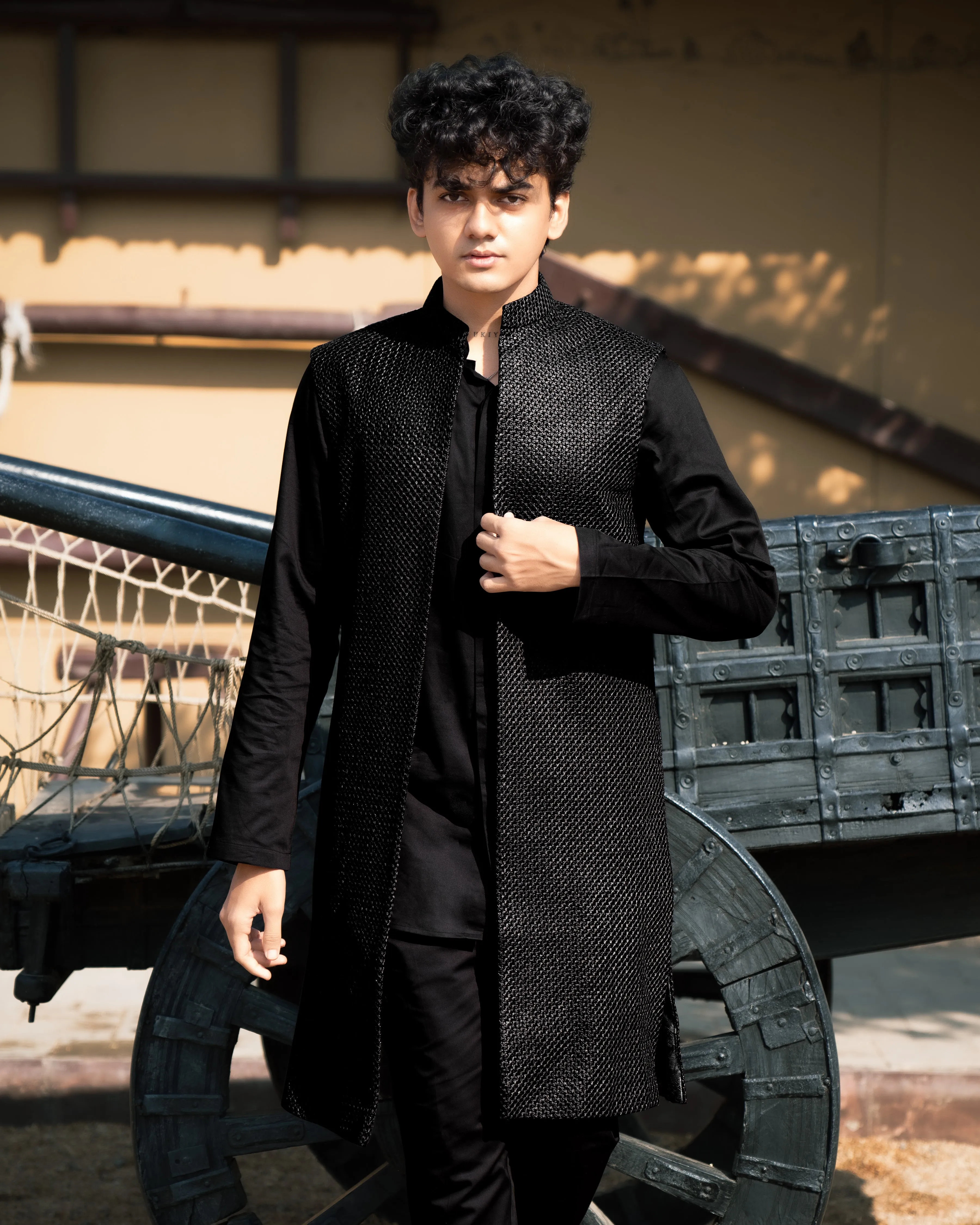 Jade Black with Textured Indo-western Set with Kurta Shirt and Pant sold by French Crown product image thumbnail 4