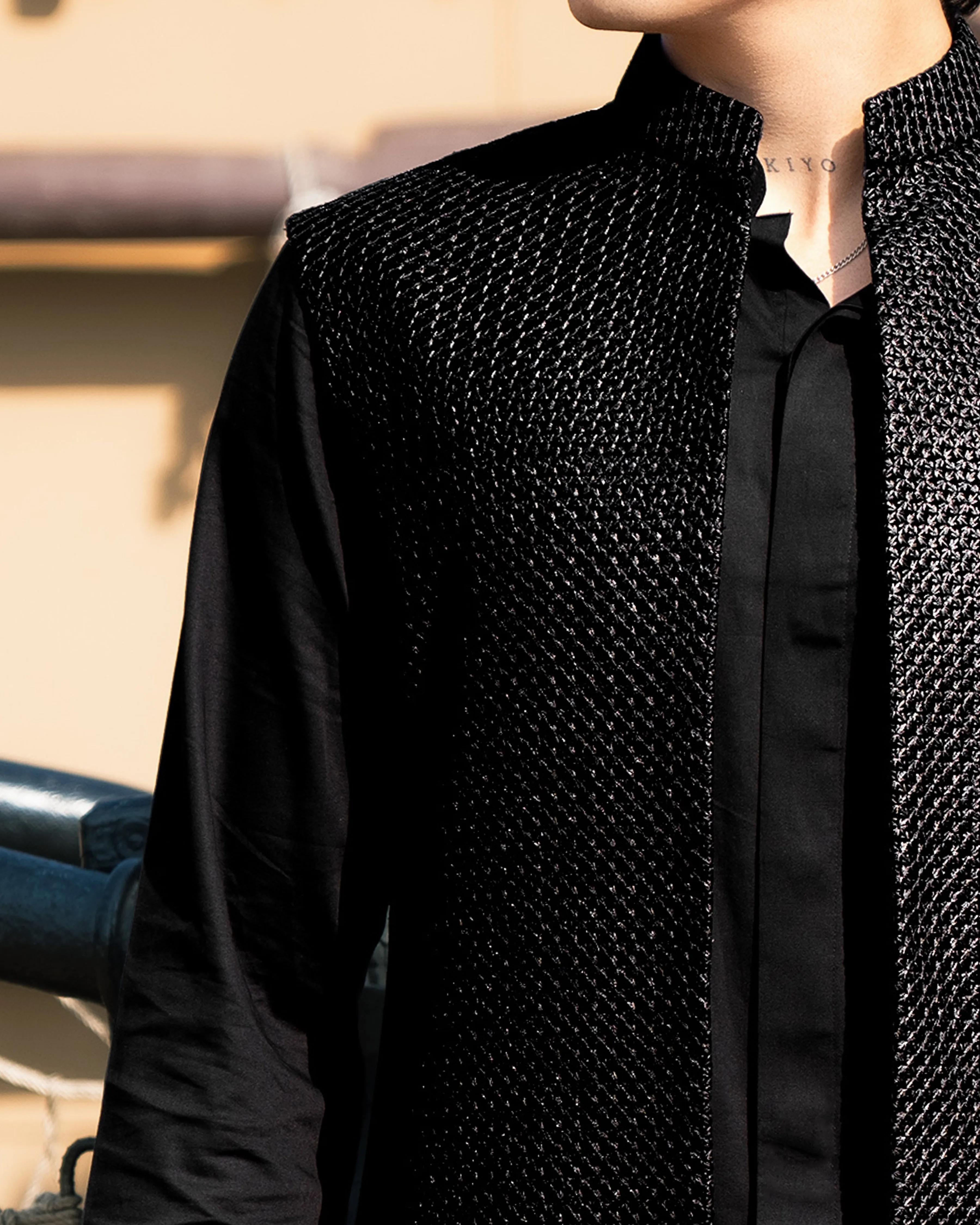 Jade Black with Textured Indo-western Set with Kurta Shirt and Pant sold by French Crown product image thumbnail 3