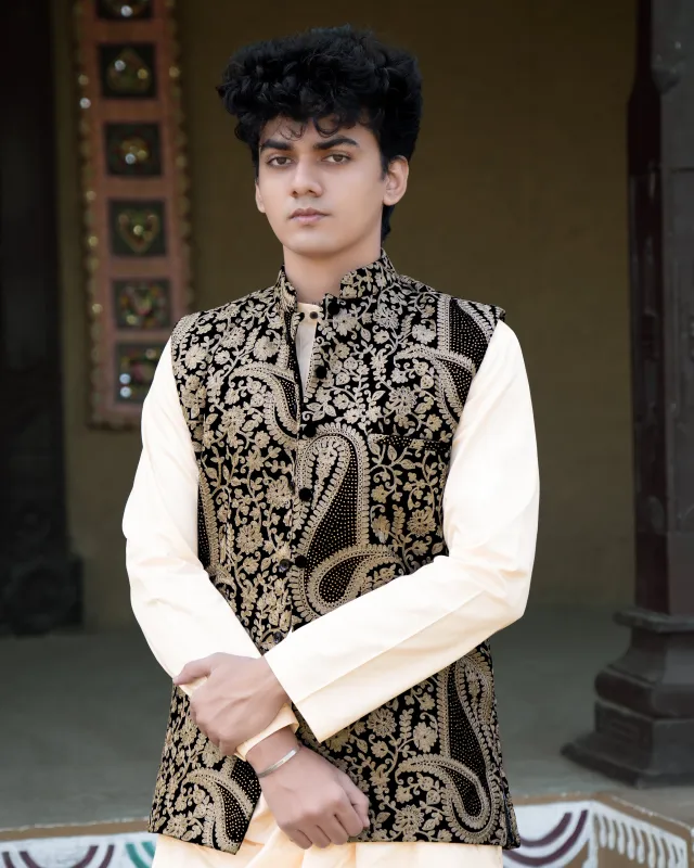 Albescent Beige Velvet Tikki Work with Cotton Embroidered Thread Work Badhgala Sherwani made by French Crown