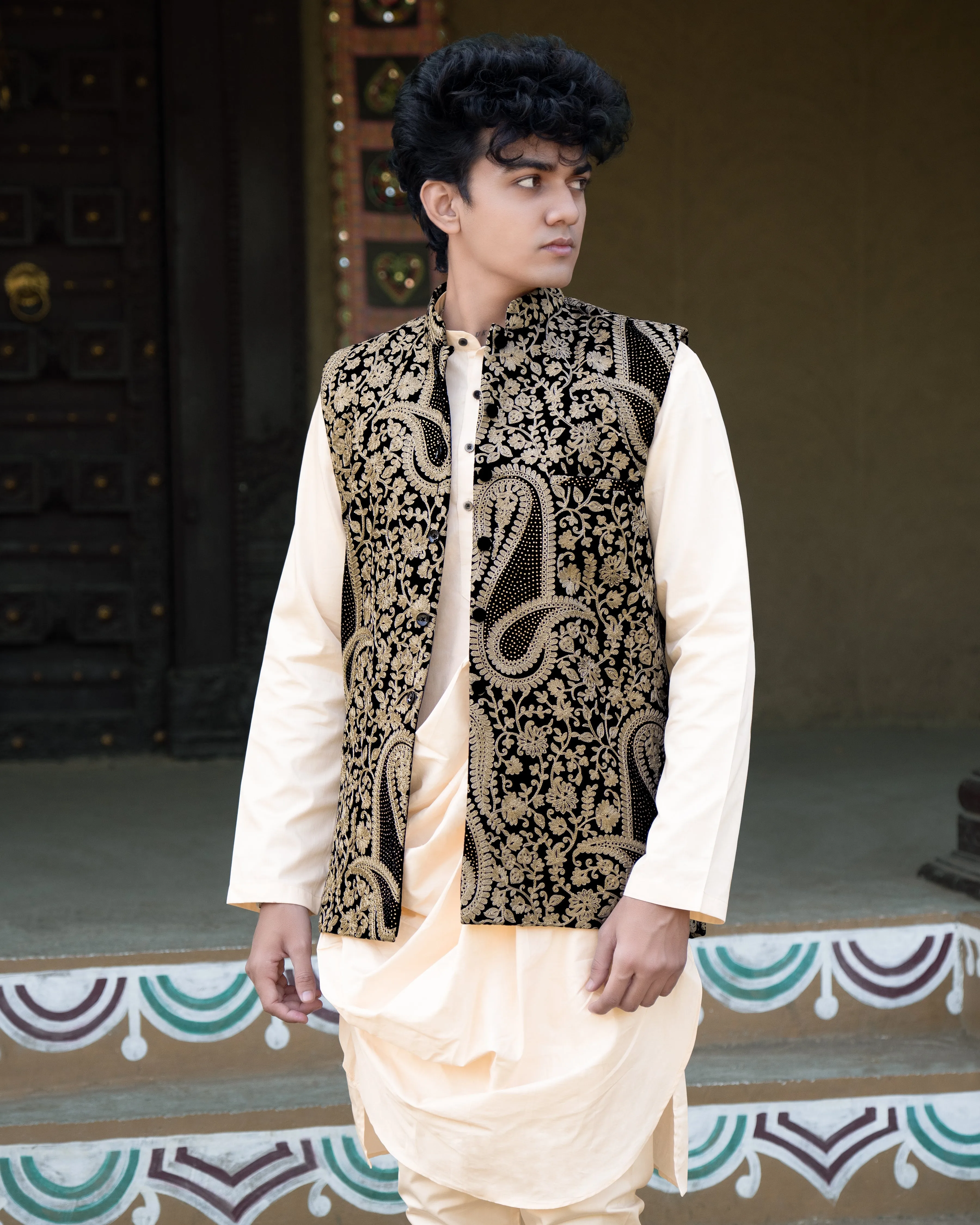Albescent Beige Velvet Tikki Work with Cotton Embroidered Thread Work Badhgala Sherwani sold by French Crown product image thumbnail 3