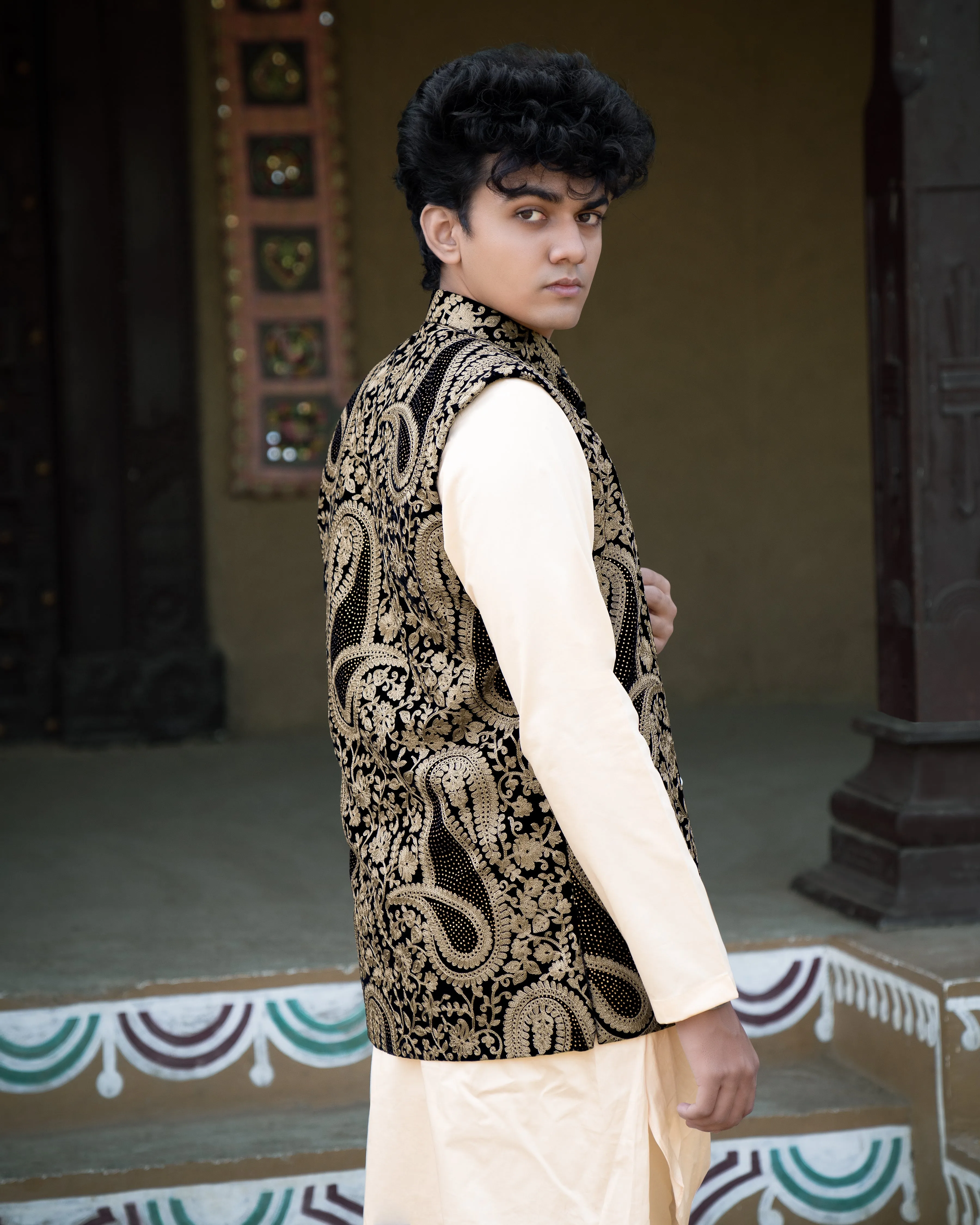 Albescent Beige Velvet Tikki Work with Cotton Embroidered Thread Work Badhgala Sherwani sold by French Crown product image thumbnail 5