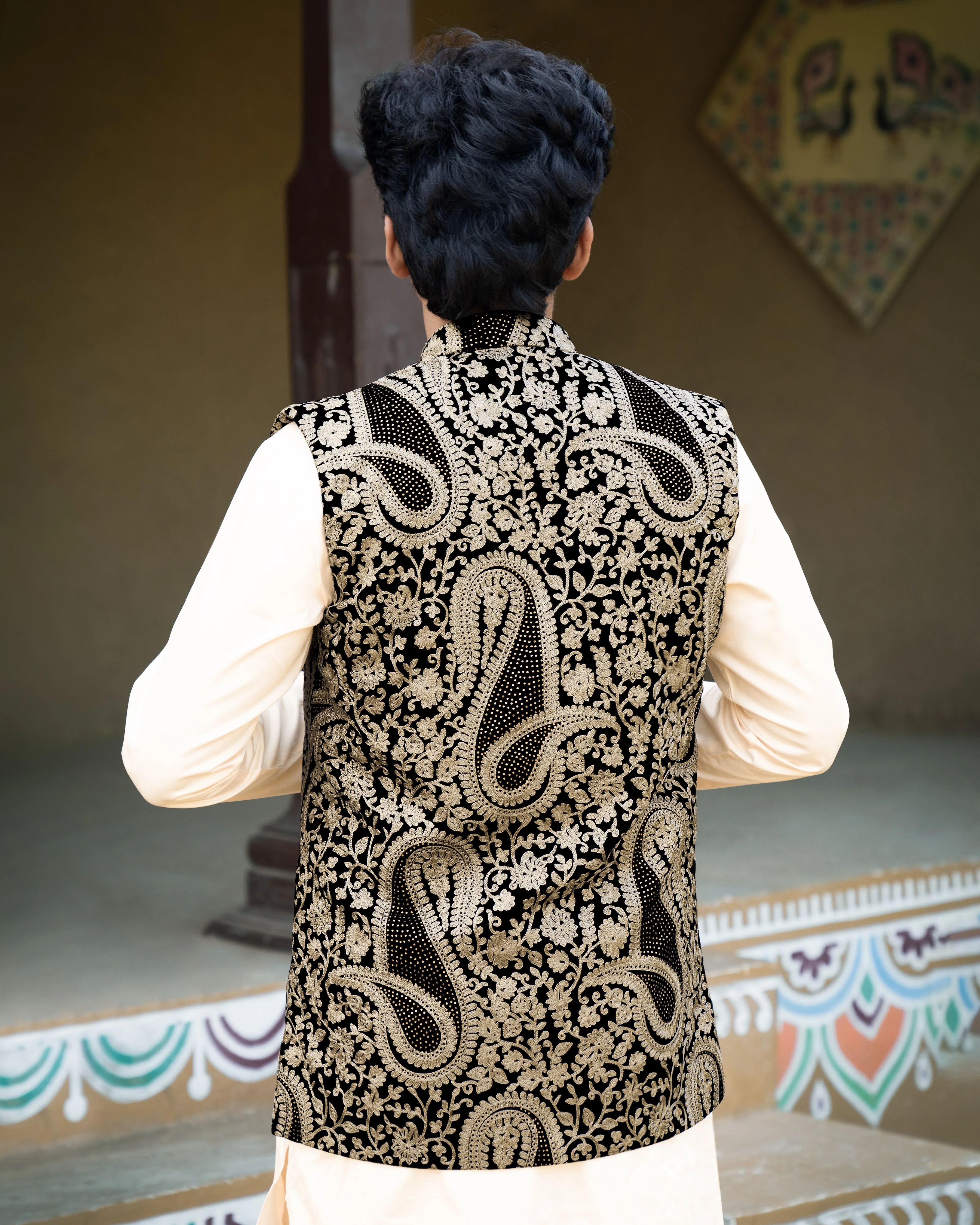 Albescent Beige Velvet Tikki Work with Cotton Embroidered Thread Work Badhgala Sherwani sold by French Crown product image thumbnail 4