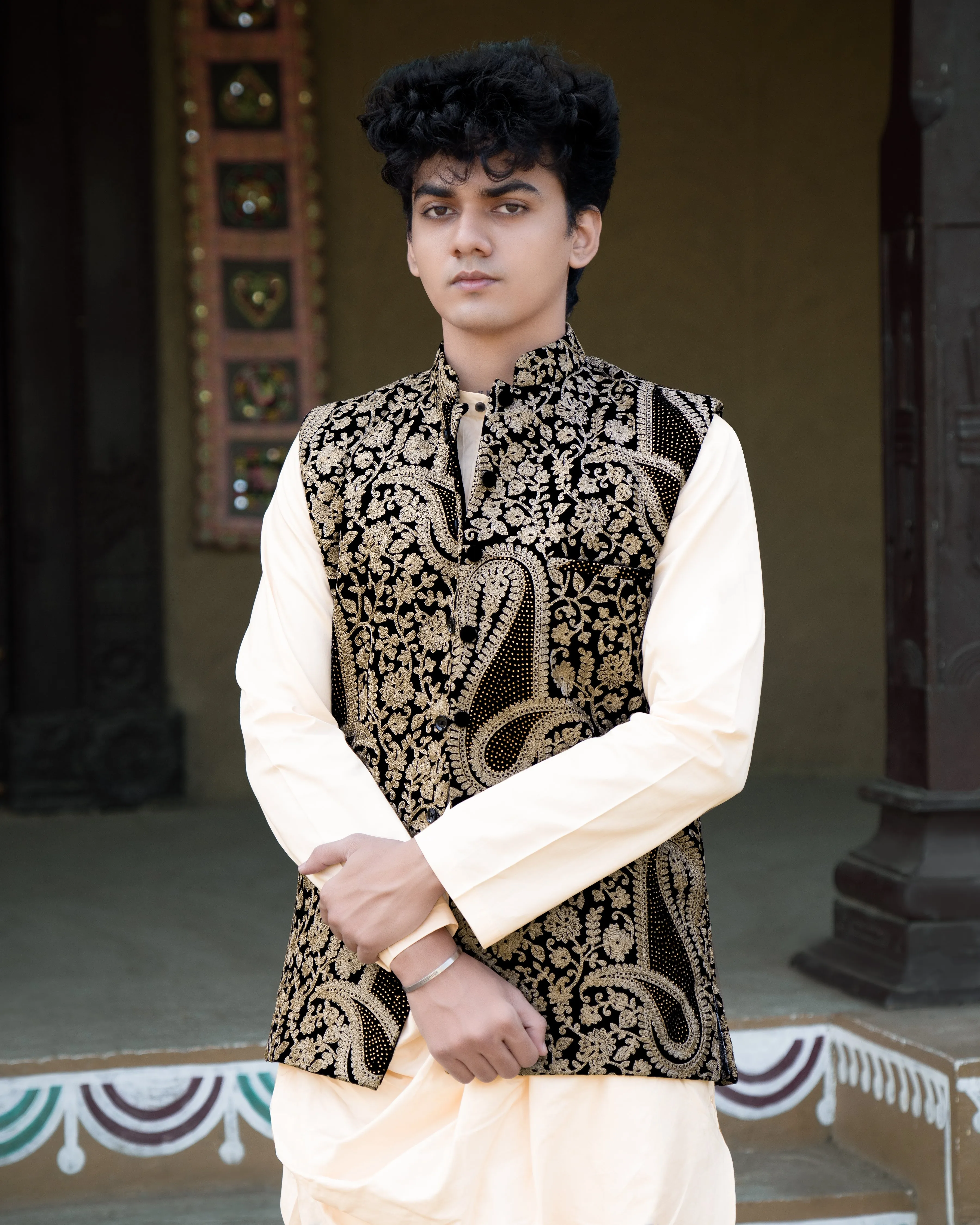 Albescent Beige Velvet Tikki Work with Cotton Embroidered Thread Work Badhgala Sherwani sold by French Crown product image thumbnail 2
