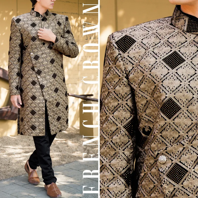 Muesli Brown with Black Velvet Tikki Work with Embroidered Work Sherwani with Kurta, Pajama Set sold by French Crown