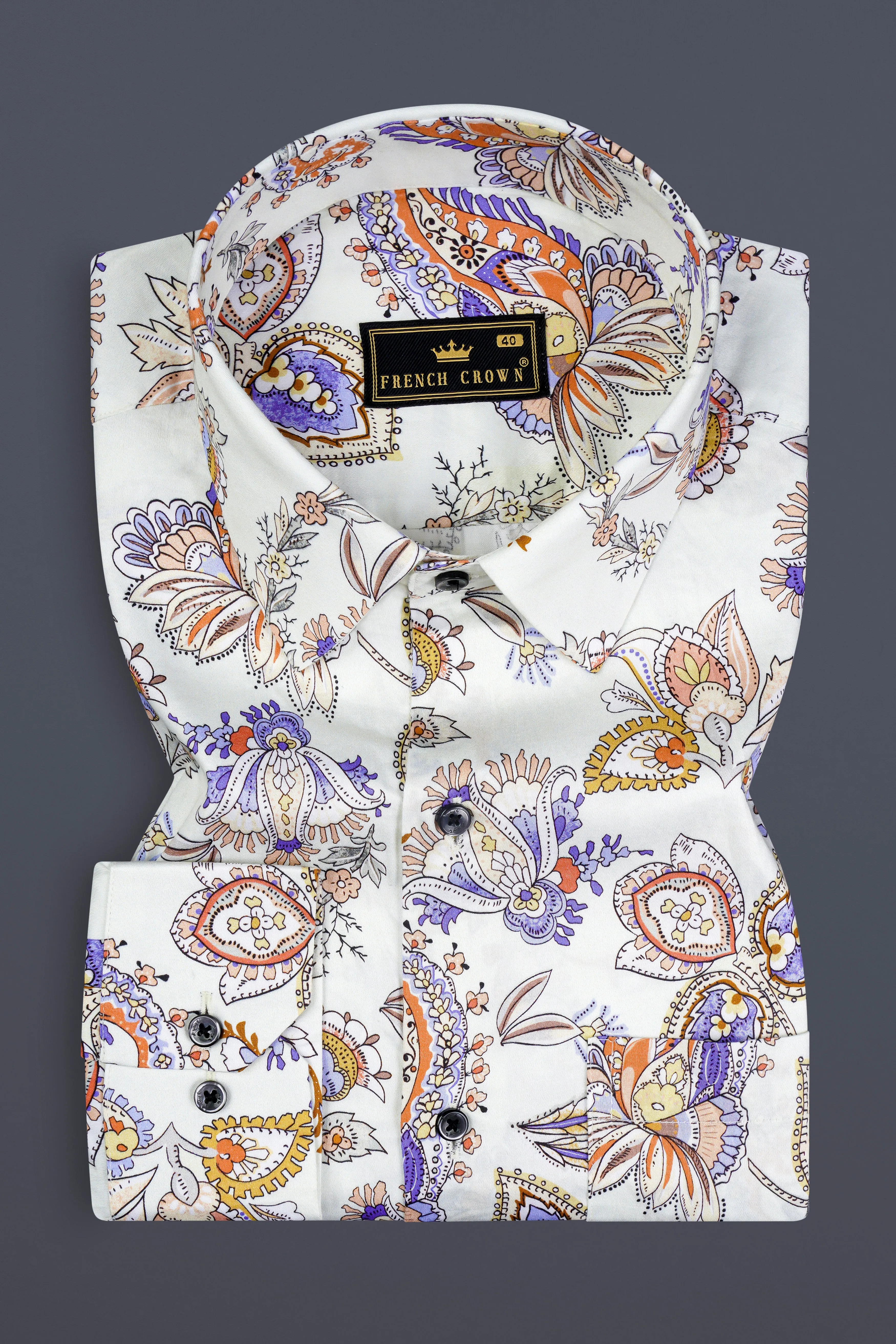 Ceramic White And Mimosa Blue Leaves Printed Subtle Sheen Super Soft Premium Cotton Shirt sold by French Crown product image thumbnail 3