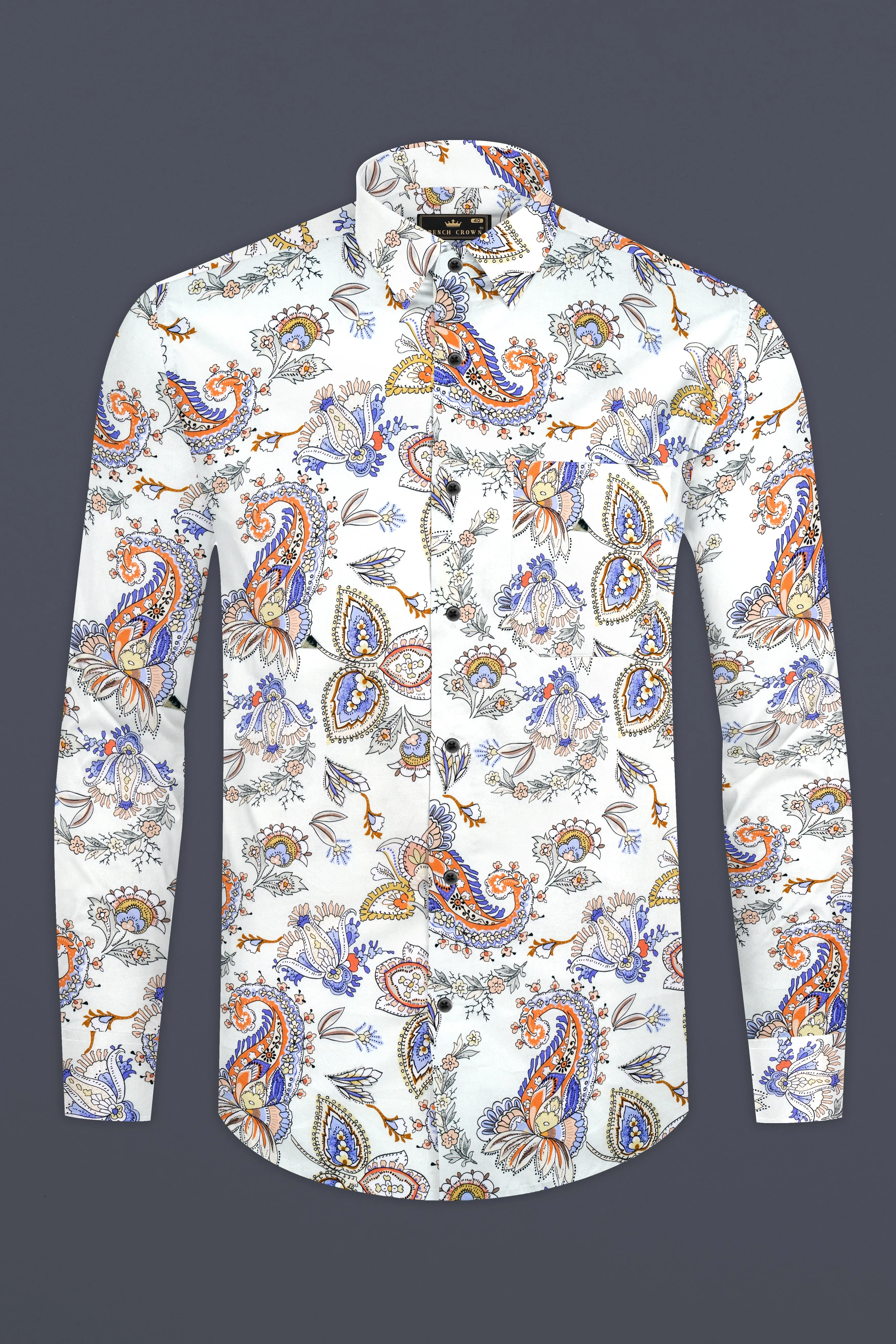 Ceramic White And Mimosa Blue Leaves Printed Subtle Sheen Super Soft Premium Cotton Shirt sold by French Crown product image thumbnail 4