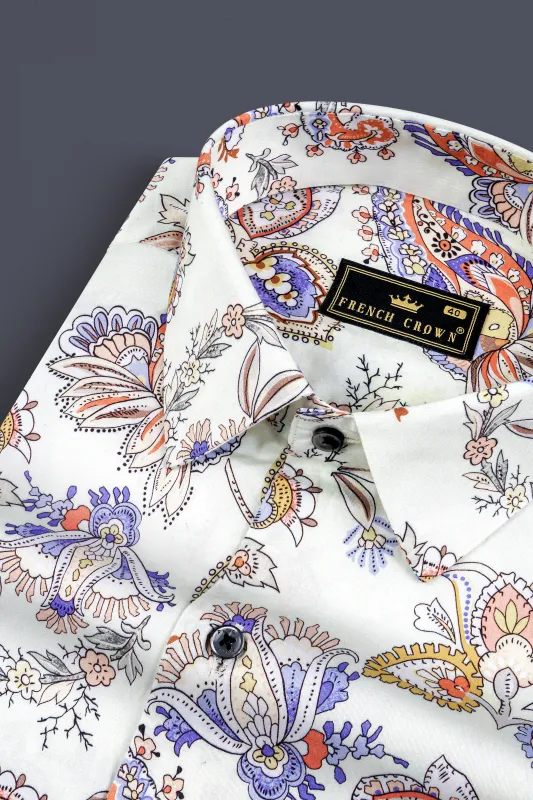 Ceramic White And Mimosa Blue Leaves Printed Subtle Sheen Super Soft Premium Cotton Shirt sold by French Crown