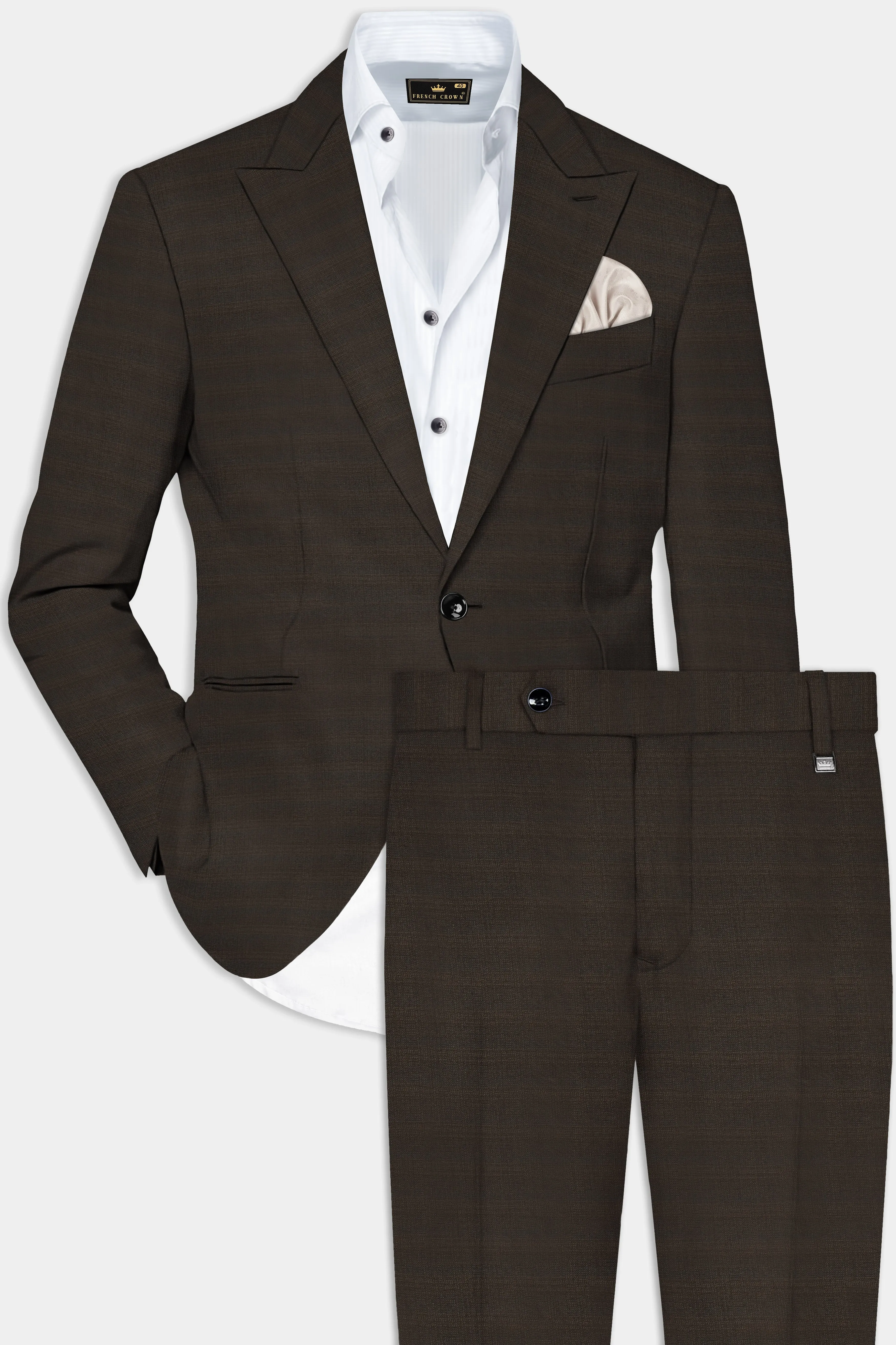 Piano Brown Textured Wool Rich Single Breasted Peak lapel Suit sold by French Crown product image thumbnail 2