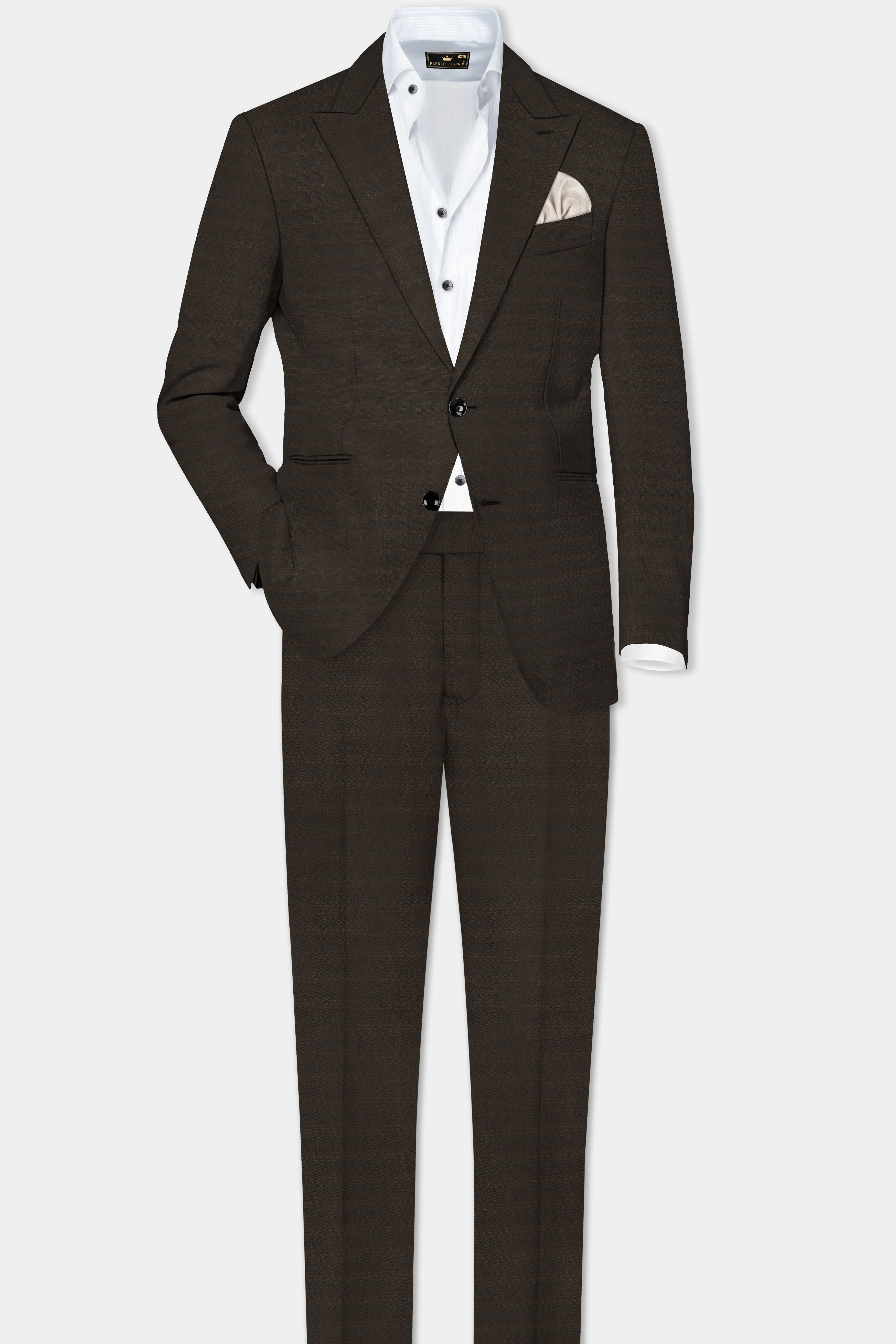 Piano Brown Textured Wool Rich Single Breasted Peak lapel Suit sold by French Crown product image thumbnail 4