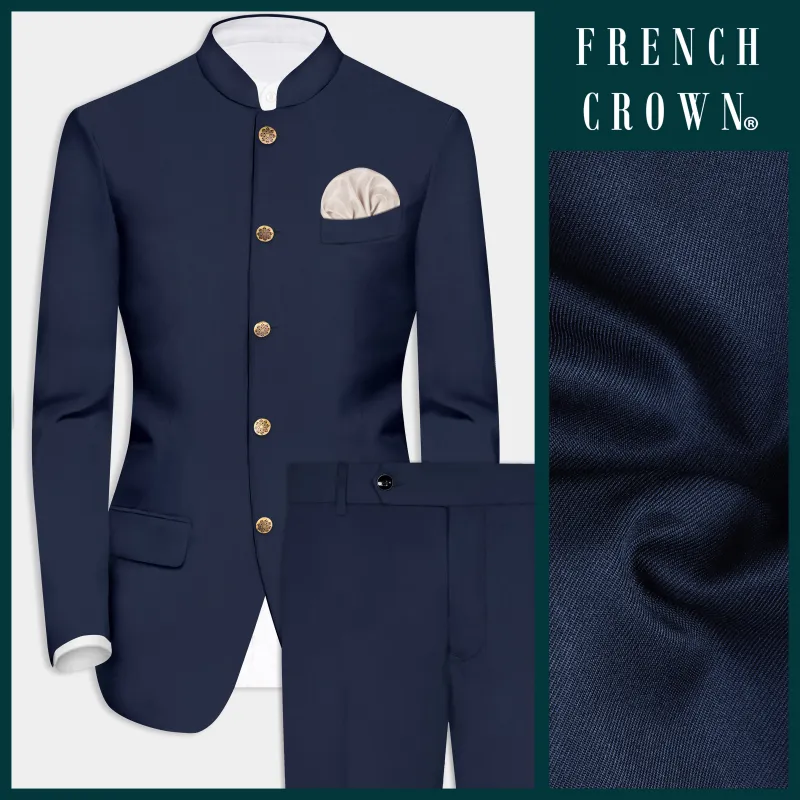 Vulcan Blue Solid Wool Rich Bandhgala Suit sold by French Crown