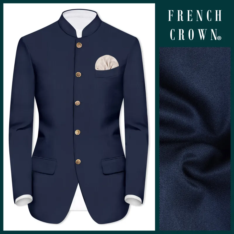 Vulcan Blue Solid Wool Rich Bandhgala Blazer sold by French Crown