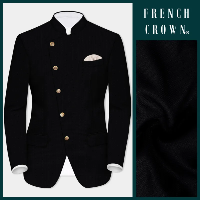 Noir-Jade Black Textured Wool Rich Cross Placket Bandhgala Blazer sold by French Crown