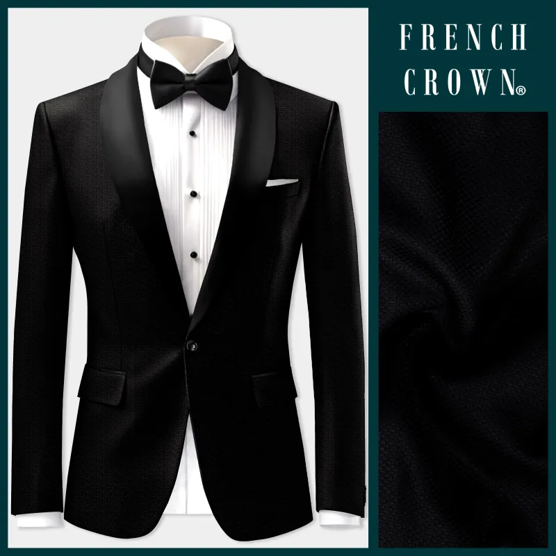 Noir-Jade Black Textured Wool Rich Tuxedo Blazer sold by French Crown